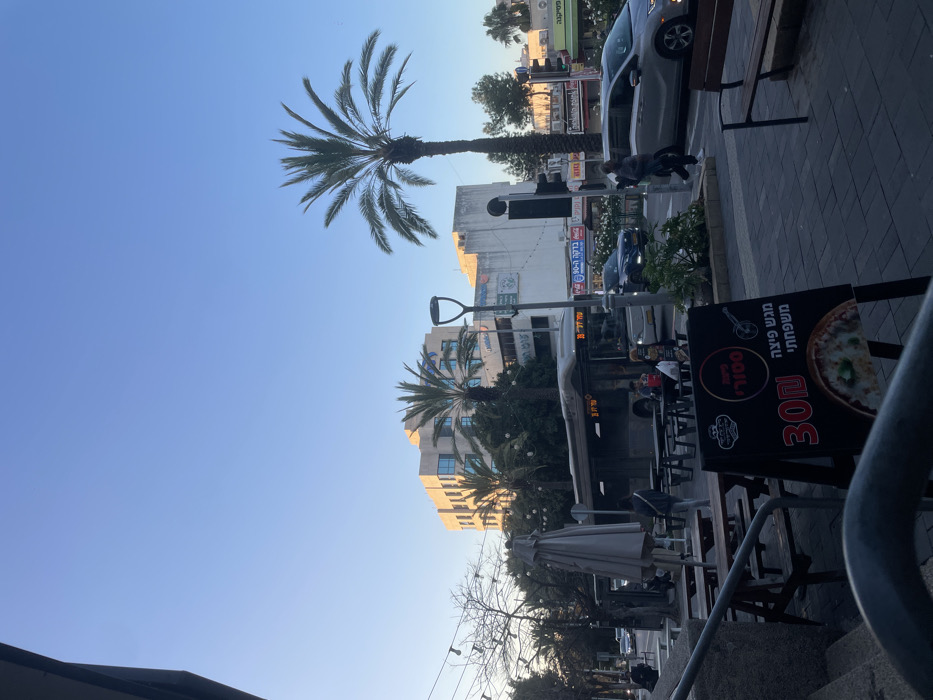 An urban scene with palm trees under a clear blue sky. Buildings stand along a street with parked cars and pedestrian traffic. A restaurant's outdoor seating area features tables, umbrellas, and a menu board displaying a pizza special. The composition is taken from a slightly low angle, suggesting the viewer may be at a higher elevation.