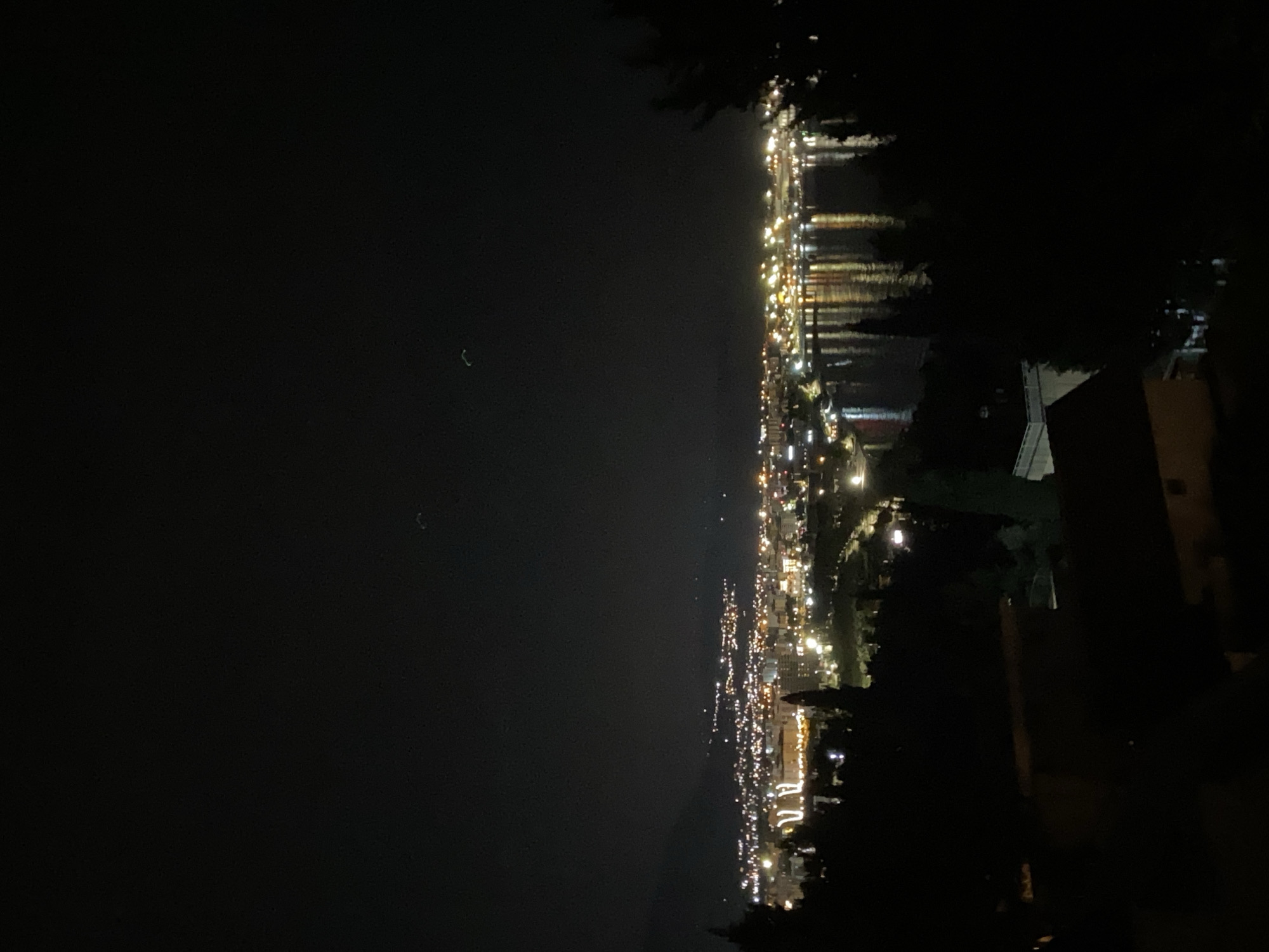 The image shows a nighttime view of Šušanj, Montenegro. The city lights stretch along the coastline, reflecting in the water. The photo is taken from an elevated position, with trees and a building partially obscuring the view in the foreground. The sky is dark and relatively clear.