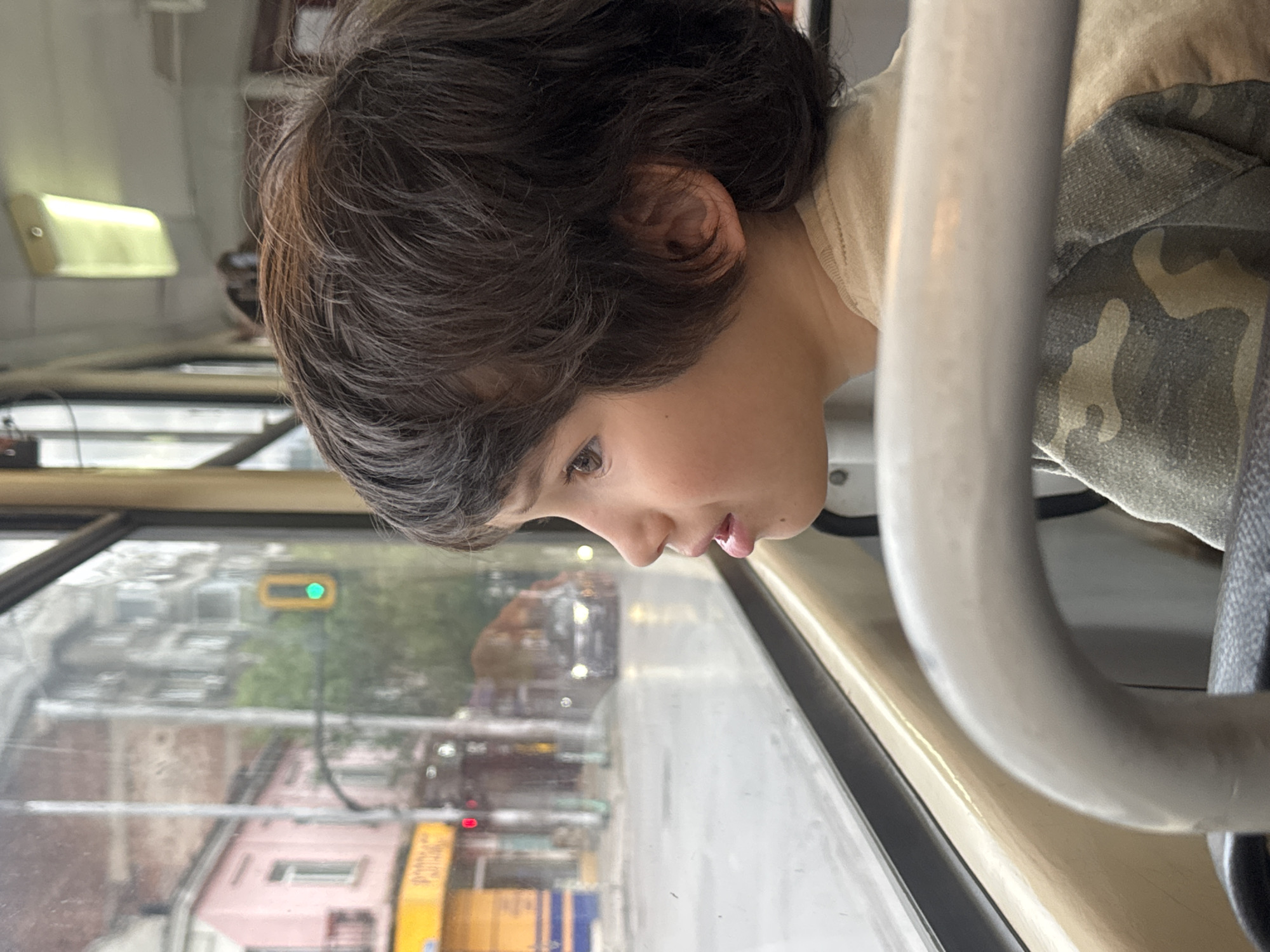 A young boy with dark hair is looking out of a bus window. The reflection in the window shows a street scene in Sofia, Bulgaria, with buildings, a traffic light, and a street with parked cars. The boy is wearing a camouflage shirt. He is holding onto a silver metal pole in the bus.