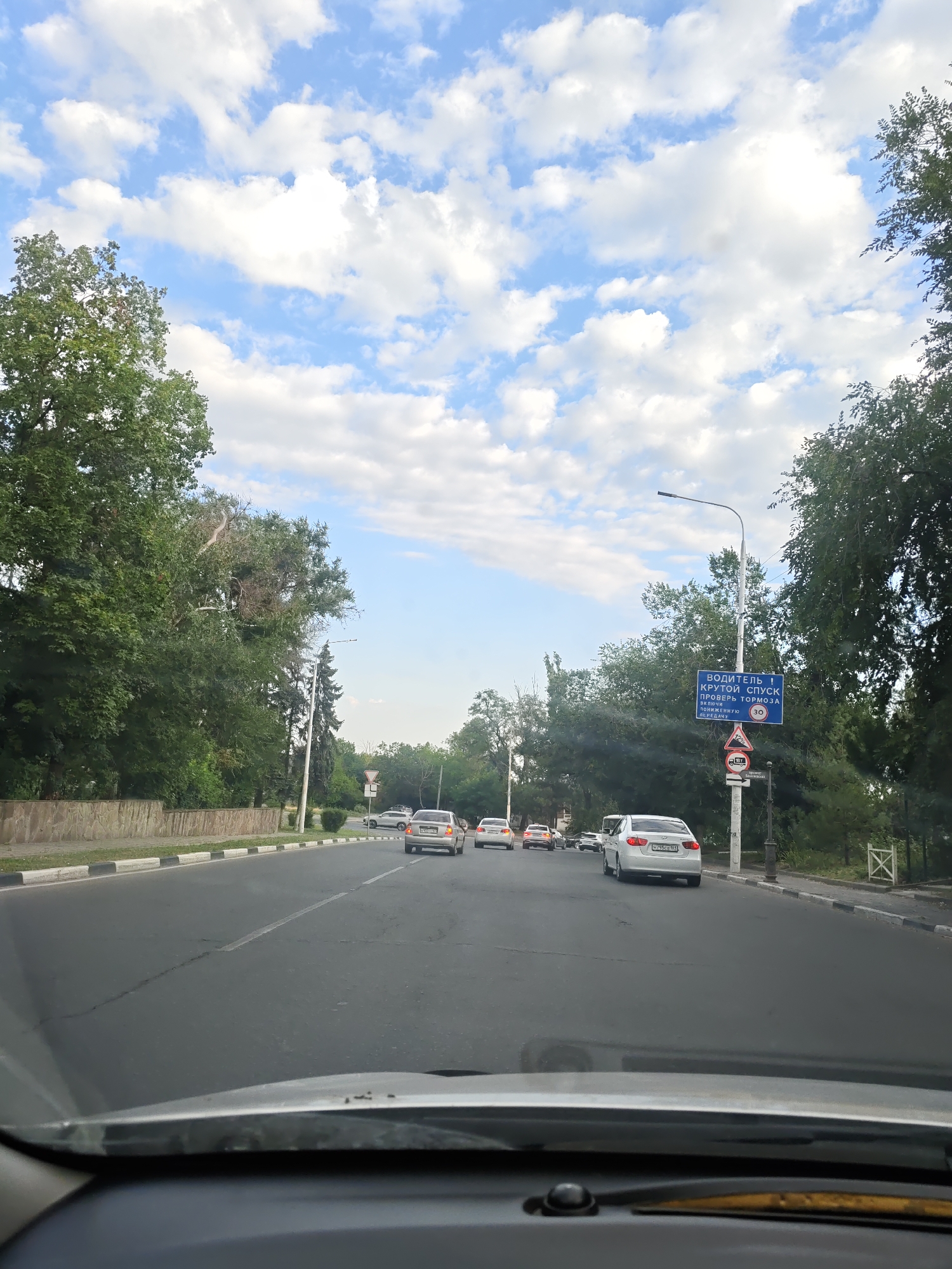 The image shows a view from inside a vehicle traveling on a road in Novocherkassk, Russia. The road has multiple lanes and is flanked by trees and a stone wall on the left, and trees on the right. Several cars are visible on the road, moving in the same direction as the viewer's vehicle. A traffic light pole with a blue sign is present on the right side of the road, displaying text in Russian and a speed limit of 30 km/h. The sky is partly cloudy with blue sky visible. The overall scene depicts a typical urban or suburban road environment.