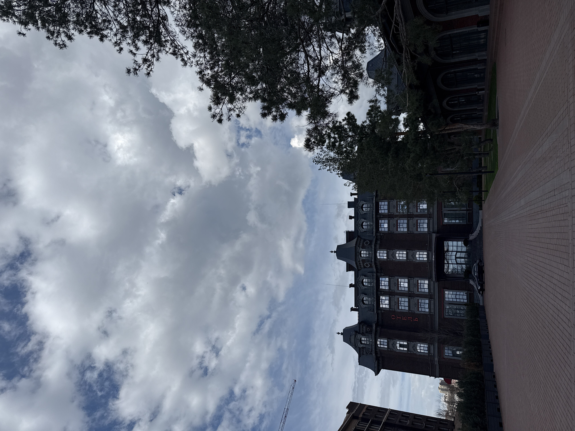 The image shows a view of a building in Rostov-on-Don, Russia, with the word "ОТЕЛЬ" (Hotel) displayed on its facade. The building appears to be several stories high with a dark brick exterior and multiple windows. To the left of the building, a cloudy sky is visible with tree branches framing the upper part of the image. A crane can be seen in the distance. To the right, there is a brick walkway and another building partially visible. A car is parked in front of the "ОТЕЛЬ" building.