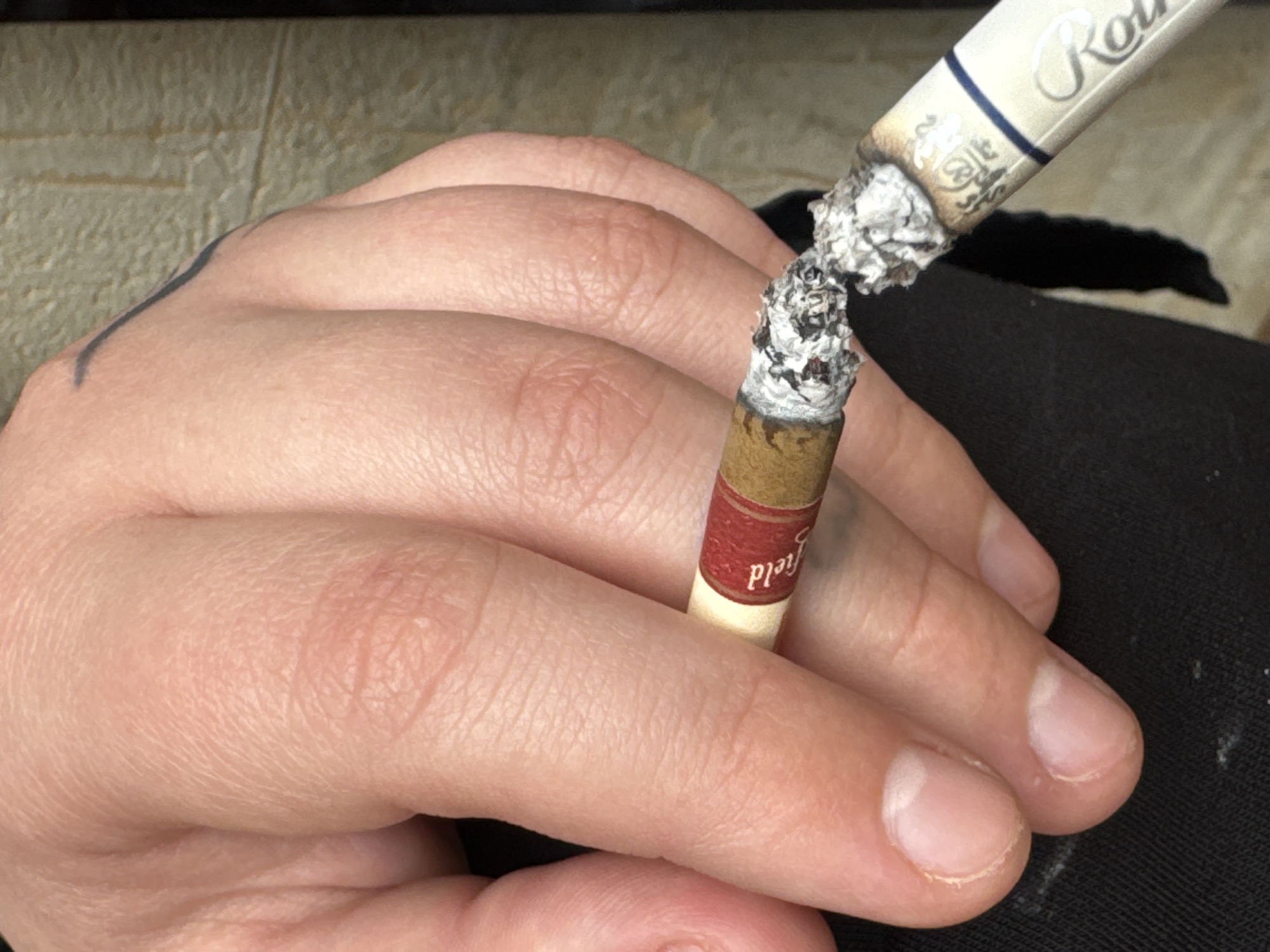 A close-up, high-angle shot shows a person's hand holding two lit cigarettes. The hand is in the foreground, with fingers curved and obscuring parts of the cigarettes. The skin of the hand appears pale, with visible pores and wrinkles. The fingernails are short and unpolished. One cigarette, held closer to the viewer, has a filter with red and gold bands and the word "Field" printed on it. The tip of this cigarette is ashed over and burning. The second cigarette is held behind the first, with its filter featuring blue and white bands and the word "Rothmans" printed in script. This cigarette also shows signs of being lit and is ashed. The background is blurred and appears to be a textured surface, possibly a wall, with a muted beige color. The scene is lit by natural light, casting subtle shadows on the hand and cigarettes. The overall impression is one of casual consumption, with no specific contextual details suggesting a location in Zaokskiy, Russia.