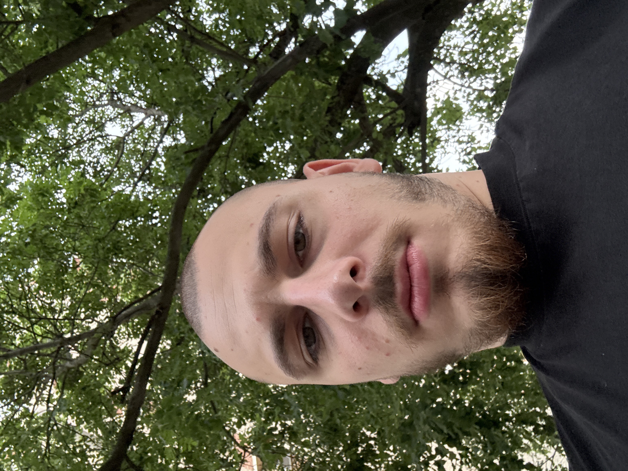 A low-angle self-portrait photograph shows a light-skinned male with a shaved head and a beard, wearing a black shirt, against a background of green foliage and tree branches. The photograph was likely taken outdoors, given the presence of trees and leaves in the background. The individual's gaze is directed towards the camera. The location in the city of Stara Zagora, Bulgaria is not discernible.