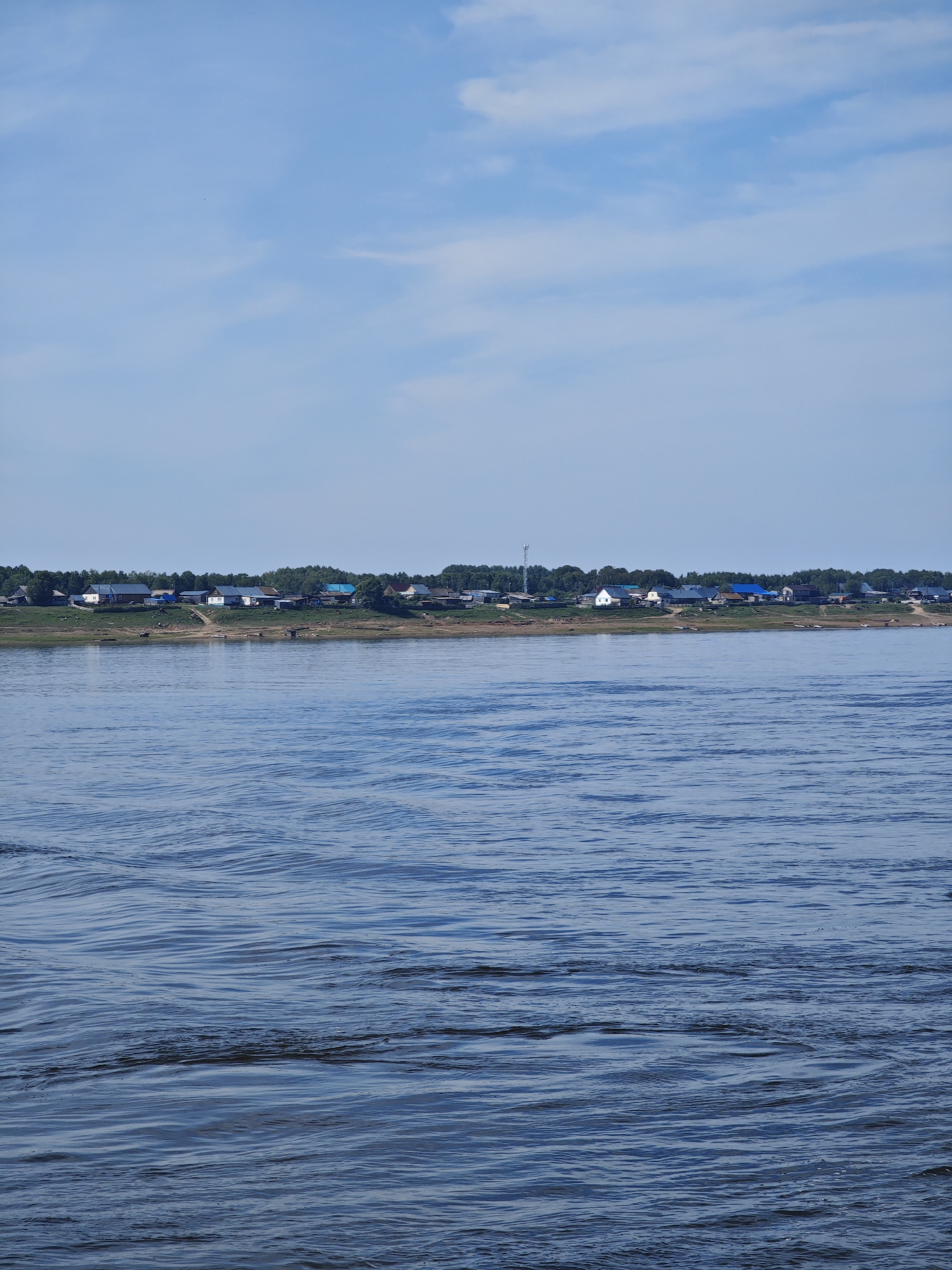 The image depicts a wide body of blue water in the foreground, with ripples on its surface indicating gentle movement. In the middle ground, a shoreline is visible, lined with a village of houses. These houses are primarily small and appear to be built of wood, with various colored roofs, including blue and white. A dirt road or path runs along the edge of the village, and several small boats are pulled up onto the bank. Behind the village, a dense line of green trees forms a backdrop. The sky above is a clear, pale blue with scattered white clouds. The scene appears to be a rural settlement along a river.