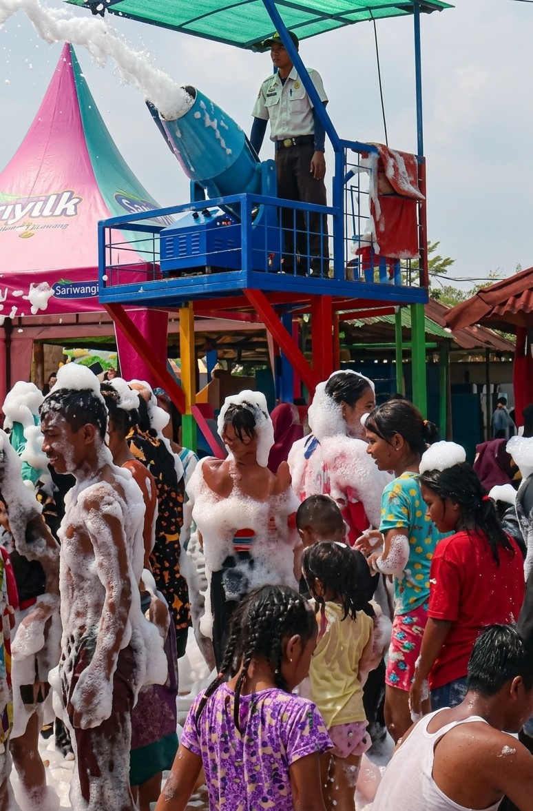 A scene at Durin Simbelang, Indonesia, features a group of people, including children, covered in foam, likely from a foam party. A man in uniform stands atop a blue platform operating a large, blue foam cannon, which is actively shooting foam onto the crowd below. Behind the platform, there's a pink and green tent with the word "Sariwangi" visible. The environment suggests an outdoor setting, possibly an amusement park or recreational area, indicated by the presence of other structures with colorful roofing and open areas. The people in the crowd are engaging with the foam, some looking amused or interacting with each other.