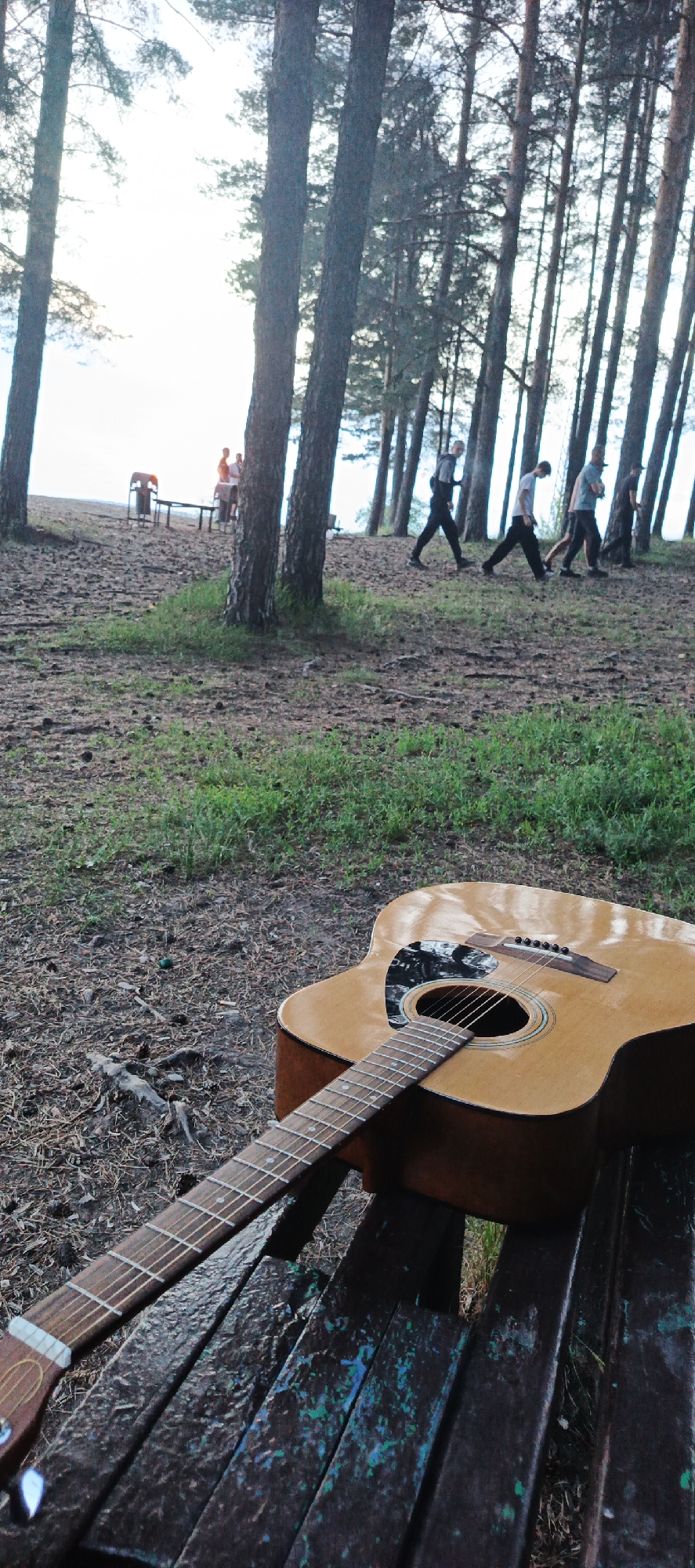The image shows an acoustic guitar resting on a weathered wooden bench in a forest clearing near the city of Chaikovsky, Russia. The ground is covered with pine needles and sparse grass. In the background, several people are walking and standing among tall pine trees. One group of people is gathered around a picnic table and chairs near a body of water. The scene appears to be outdoors in a recreational area.