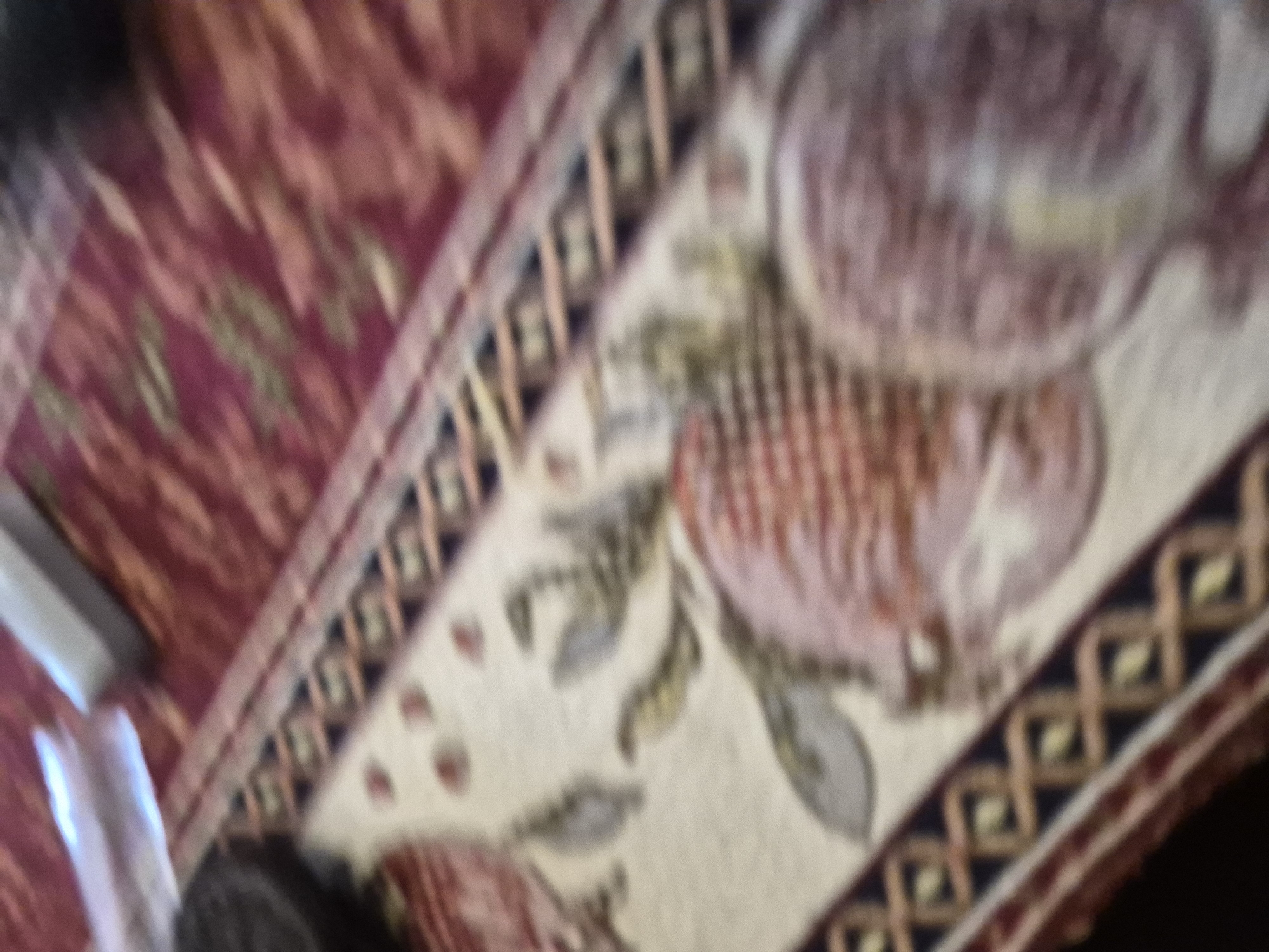 This media file captures an extremely blurry and out-of-focus close-up of a patterned fabric, likely a rug or tapestry. The dominant colors are deep maroon, red, cream, tan, and dark blue.
The central design features large, roundish motifs resembling pomegranates, depicted in shades of pink, light red, and cream, set against a cream-colored background. These organic shapes are interspersed with indistinct green or grey leaf-like elements and small, blurry reddish dots.
A prominent diagonal border separates sections of the fabric. This border displays a geometric pattern of repeating light-colored square or diamond shapes against a dark blue or brown background. The larger red/maroon sections of the fabric show a subtle, blurry geometric pattern, possibly zigzags.
In the bottom left, highly indistinct dark and light shapes are visible. A dark, fuzzy mass could potentially be a person's head, hair, or a pet, while an adjacent lighter, elongated, blurry form (white/light blue) is too ambiguous to identify, possibly an arm, an object, or a reflection.
No specific activity or event is discernible due to the severe blur. The setting appears to be indoors. The presence of pomegranate motifs and traditional geometric borders aligns with common designs found in Armenian textiles, supporting the provided location context of Yerevan, Armenia. There is no visible text. The primary characteristic of the image is its extreme lack of focus.