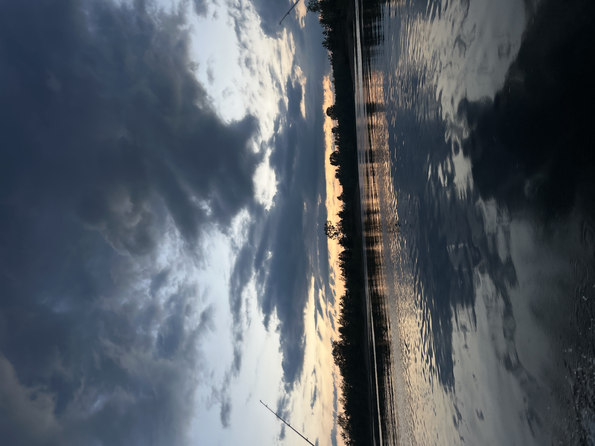 The image depicts a serene body of water, likely a river, reflecting a dramatic cloudy sky at dusk. The sky is filled with dark, heavy clouds interspersed with lighter patches, suggesting either the end of a storm or approaching twilight. The horizon is marked by a dense line of silhouetted trees, forming a natural boundary between the water and the sky. In the foreground, the water's surface is calm, with ripples and the reflection of the clouds and trees creating an abstract, painterly effect. The subtle glow on the horizon hints at the last rays of the sun. Two fishing rods are visible, one on the left and another on the right edge of the frame, indicating a fishing activity in progress. The overall mood is tranquil and contemplative, with a touch of dramatic flair from the weather. The location is described as Noviy, Russia.