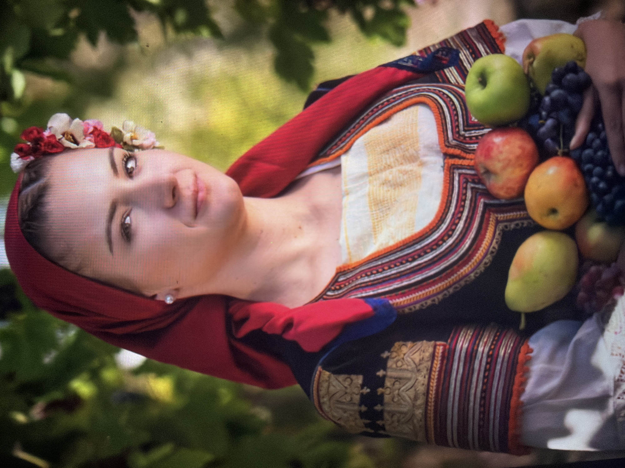 A young adult female is depicted in an outdoor setting in Shumen, Bulgaria. She wears a red headscarf covering her head and draped over her shoulders. A floral cluster of red, white, and pink blossoms is affixed to the right side of her head. A single pearl earring is visible on her left ear. She is dressed in a white long-sleeved blouse, partially obscured by a dark, open-front vest. The vest features intricate gold embroidery on the shoulders and sleeves, with additional multicolored striped patterns along the neckline and front edges. In her arms, she cradles a collection of fresh fruits: red apples, green apples, yellow-green pears, dark purple grapes, and one orange-hued fruit. The background consists of blurred green foliage, indicating a natural, sunlit environment.