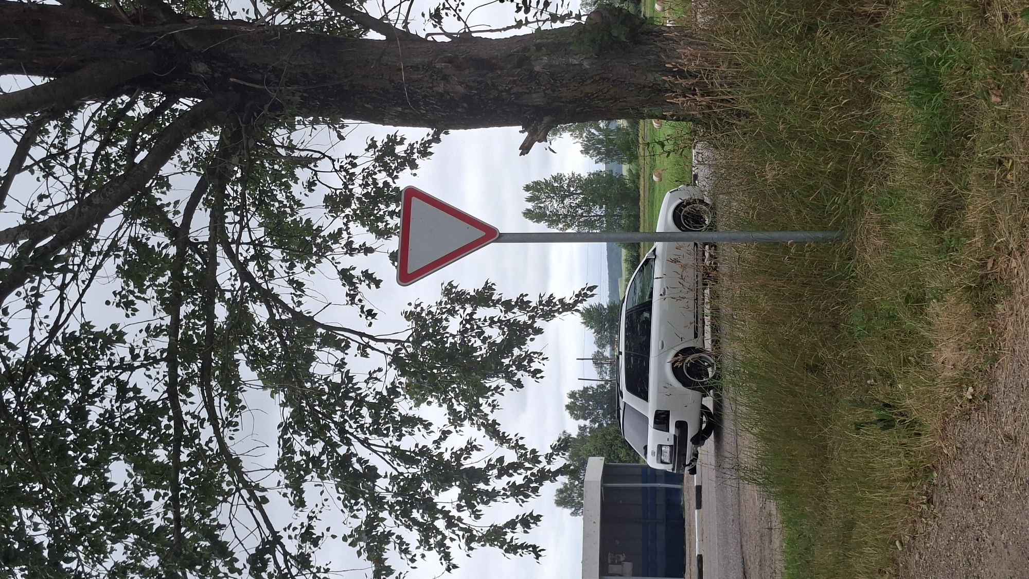 A white Audi station wagon is parked on the side of a paved road. The car has a license plate that reads "187 7 KI." It is angled towards the right of the frame. A yield sign is located to the right of the car. The sign is a red-bordered triangle pointing downwards, with a white interior. The car is in front of a bus stop shelter that is blue and white. Tall grass and trees surround the scene, with a large tree in the foreground on the right. The sky is overcast. The location appears to be rural, consistent with Забалоцкі сельскі Савет, Belarus.