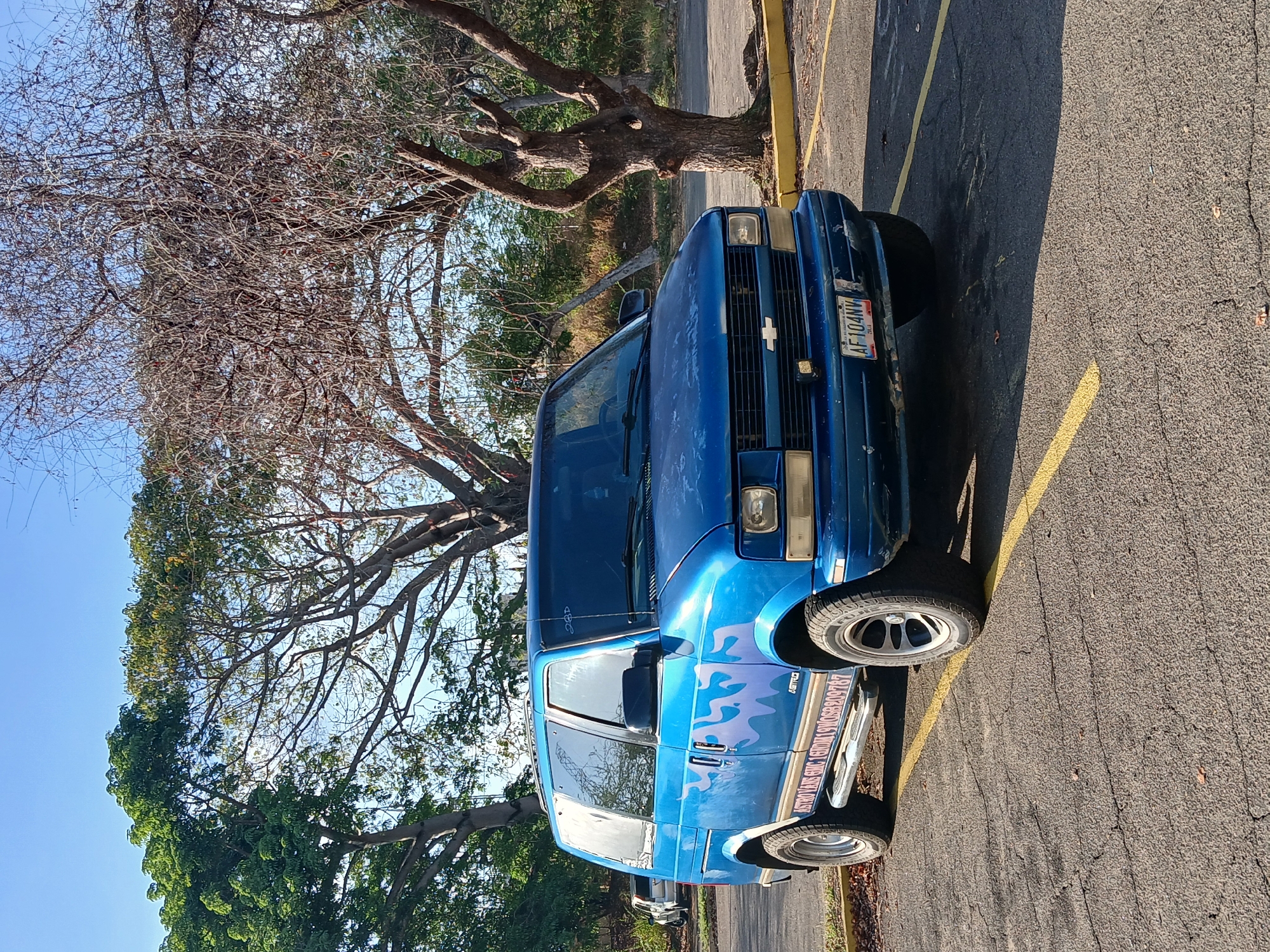A blue Chevrolet Astro van is parked in an outdoor parking lot under a clear, sunny sky, likely during the day, indicated by the bright sunlight and visible shadows. The van, which appears somewhat worn with faded paint, features custom blue-to-purple flame decals along its sides and aftermarket wheels. Chrome running boards are installed below the doors. A roof rack is also visible.
In the foreground, the van's front shows a Chevrolet emblem on the grille and a license plate that reads "AF104NV" with "VENEZUELA" and "BOLIVAR" below. The side of the van also displays text including "CHEVROLET ASTRO" and "AHLENBUSCH MODIFIKACIONEN".
The parking lot surface is asphalt with yellow painted lines. In the background, there are two distinct trees: one with bare, intricate branches, possibly deciduous or dormant, and another with lush green foliage. The scene suggests a relaxed, everyday setting in Ciudad Guayana, Venezuela. No people are visible.