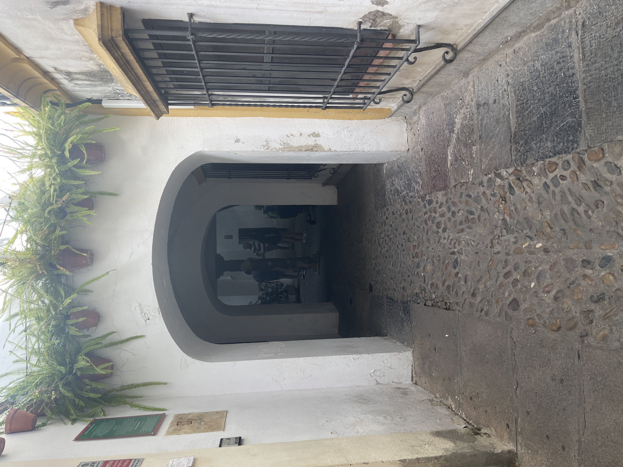 This is an exterior shot of a narrow passageway in Córdoba, Spain, likely in the historic Judería (Jewish Quarter). The passageway is covered by an archway, leading to a courtyard beyond. On the left wall, there are a few framed signs and a series of hanging potted ferns in terracotta pots, adding a touch of greenery. The walls are whitewashed, showing some signs of age and wear. The ground is paved with small, rounded stones.
To the right of the archway is a building with a window barred with wrought iron. The window has a yellow decorative trim around it, and the wall also exhibits some peeling paint.
Through the archway, several people are visible, appearing to be tourists exploring the area. One person is holding a stroller. The courtyard beyond appears to have more potted plants and architectural elements. The overall atmosphere is characteristic of the traditional courtyards and narrow streets found in Córdoba's historic center.