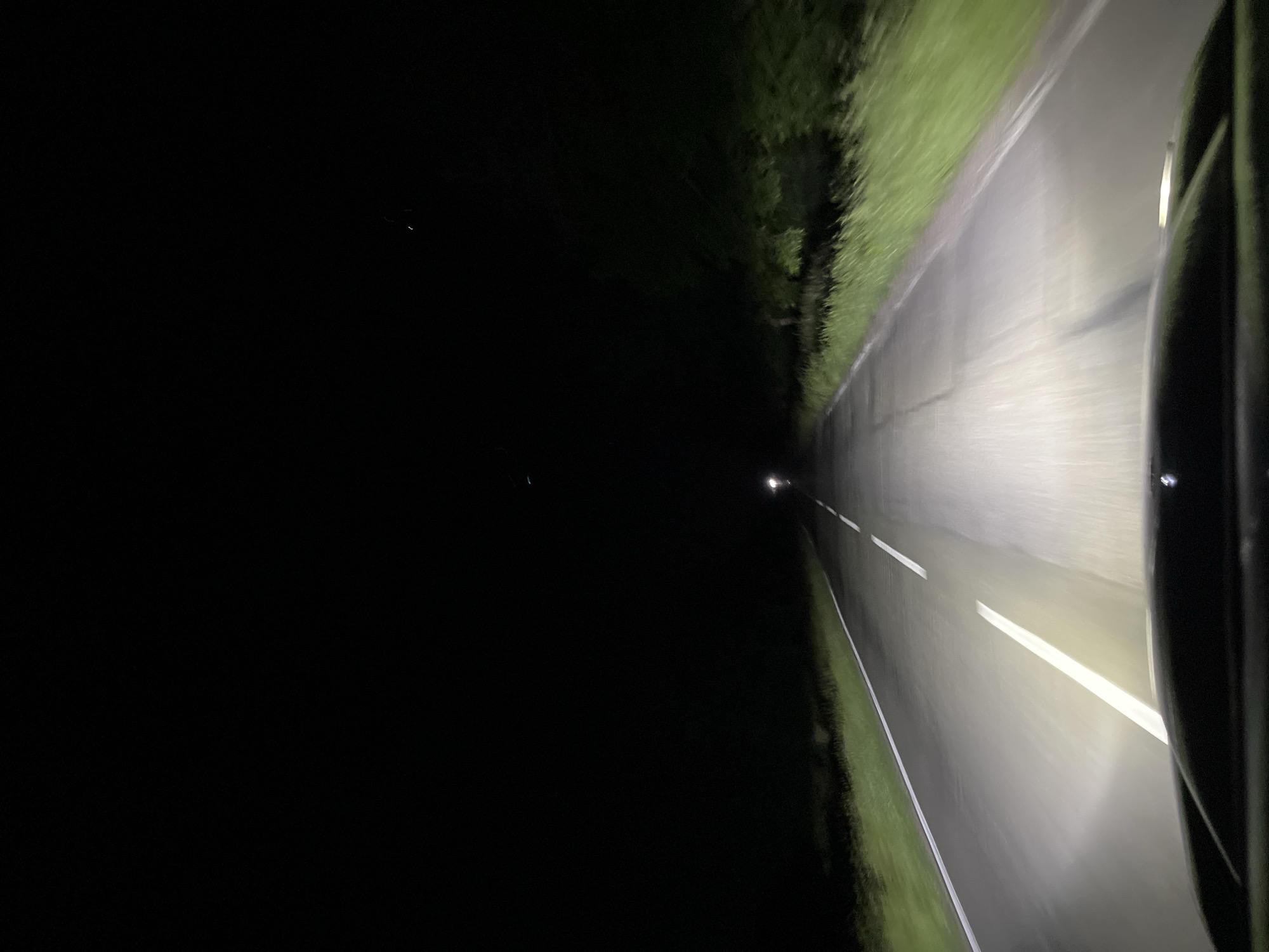 The image shows a road at night, illuminated by vehicle headlights. The road appears to be a two-lane road with dashed white lines marking the center. On the right side of the road, there is green vegetation. The left side of the image is mostly dark. The image appears to be taken from inside the vehicle, showing a portion of the vehicle on the right side of the frame. The location appears to be Ruen, Bulgaria.