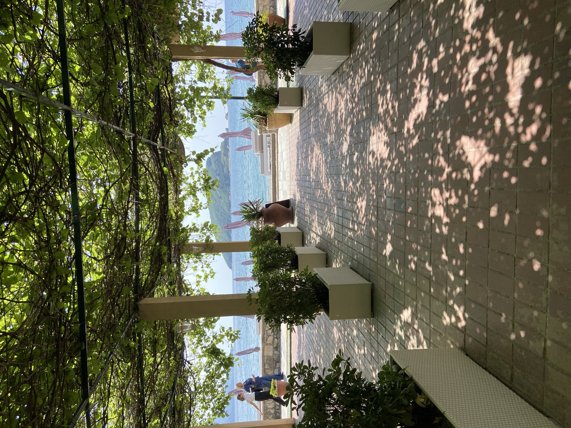 This eye-level, outdoor, landscape-oriented photograph shows a shaded walkway overlooking the Adriatic Sea near the city of Budva, Montenegro, on a sunny day.
On the left, a dense green canopy of vines covers a pergola structure. The pergola’s posts are visible, supporting the wooden framework. The canopy casts dappled shadows on the brick walkway.
Along the walkway, there are several white, square planters containing leafy green plants. Further down, a large terra cotta pot sits on the walkway.
In the distance, the Adriatic Sea stretches to the horizon. The water is a deep blue color. Along the shoreline, there are white beach umbrellas.
In the foreground, two people are visible. They appear to be walking away from the camera. They are wearing casual clothing.