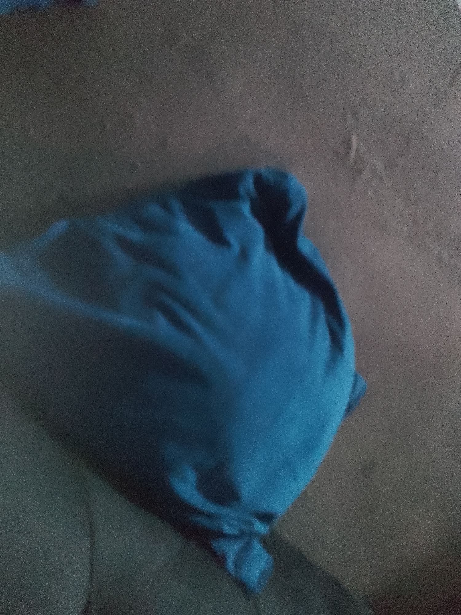 The image shows a close-up, somewhat blurry view of a crumpled blue cloth lying on a dark, textured surface. The cloth appears to be soft and possibly made of fabric, with several folds and creases visible. The surface it rests on is uniform in color, with subtle variations in tone and texture, suggestive of upholstery or a similar material. The lighting in the image is dim, creating shadows that emphasize the contours of the cloth. There are no people or other objects clearly discernible in the frame, and no information is available regarding its location within a city or any specific geographical context. The overall impression is one of stillness and an ordinary domestic setting.