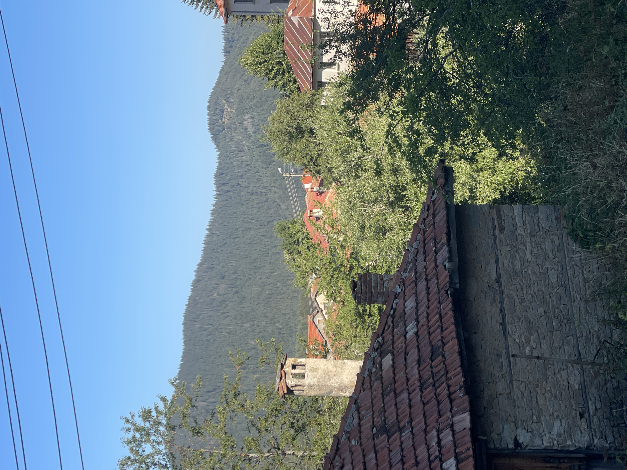 The image depicts a view of a village nestled against a backdrop of a densely forested mountain range under a clear blue sky. In the foreground, a stone building with a red tiled roof is visible. To its left, a tall, weathered stone chimney with open rectangular sections stands prominently. Further into the scene, several other buildings with red tiled roofs are interspersed with lush green trees. A larger building with a white facade and a rusty metal roof is visible on the right side. Power lines stretch across the top portion of the frame, suggesting the presence of modern infrastructure within or near the village. The overall scene conveys a sense of rural tranquility. The location is identified as the city of Manastir, Bulgaria.
