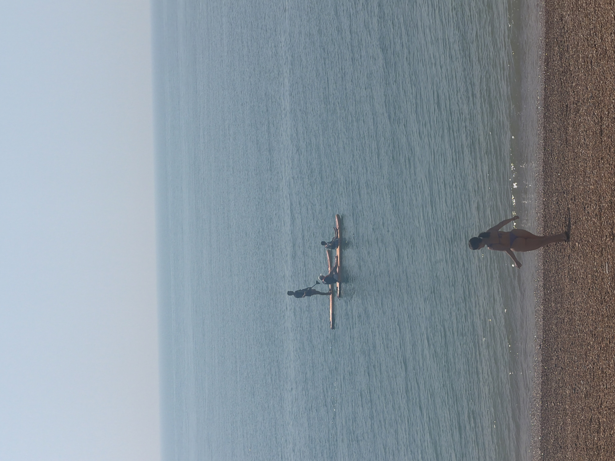 The image shows a shoreline scene. Three individuals are on a wooden structure in the water, seemingly connected by crossbeams. A fourth person is walking in the shallow water at the edge of the beach. The location appears to be a beach in the Folkestone and Hythe District, United Kingdom, based on the beach composition and the sea color.