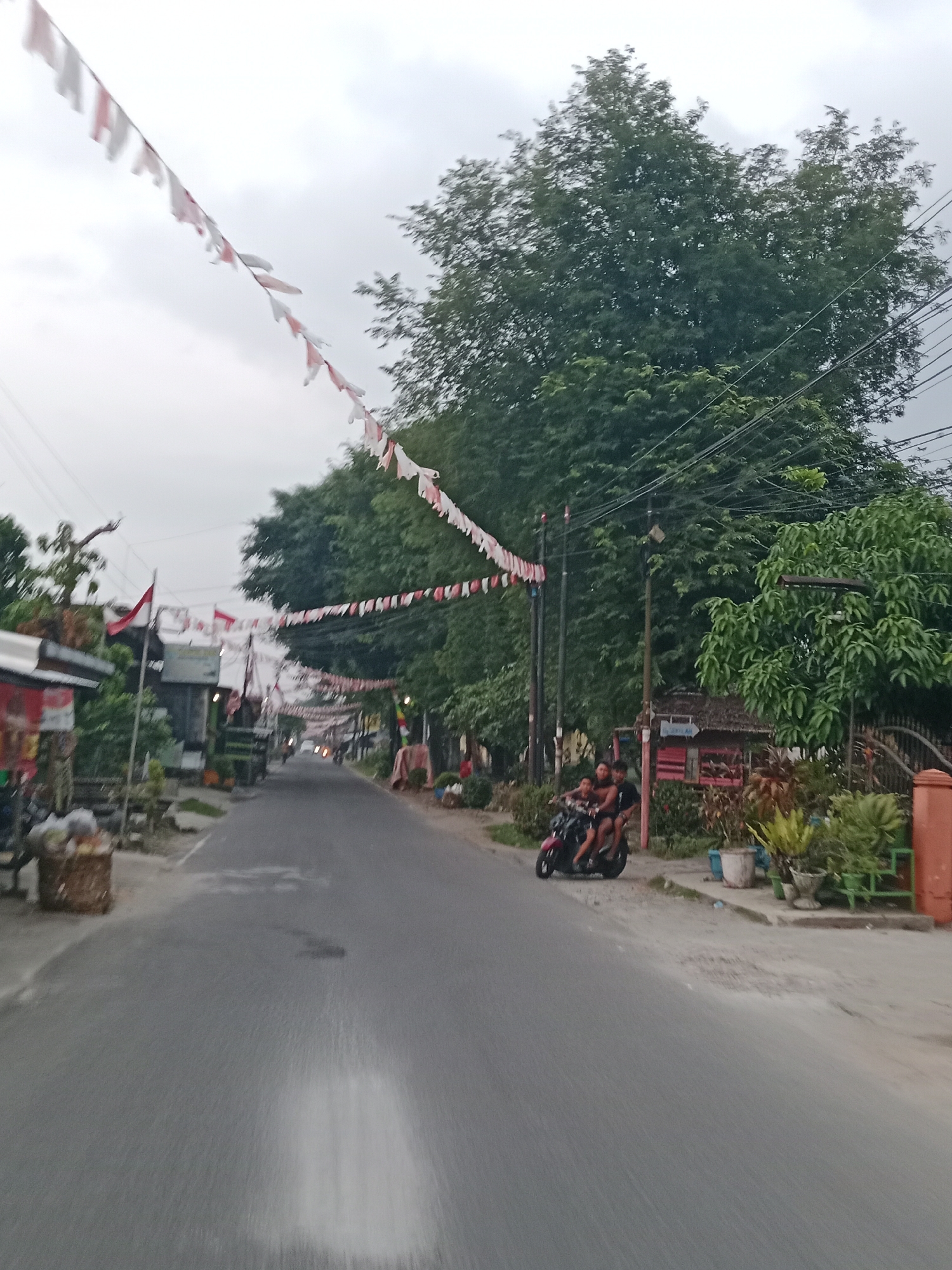 The image captures a street scene in the City of Binjai, Indonesia, with numerous red and white Indonesian flags and pennants strung across the road, suggesting a national celebration or event. In the foreground, a blurred asphalt road dominates the lower half of the frame. To the left, there are glimpses of shops or stalls with awnings and potted plants. Further down the road, a motorcycle carrying three individuals is visible, also in motion. The background features lush green trees, utility poles with power lines, and more of the festive red and white decorations. The sky is overcast, contributing to a muted lighting condition.
