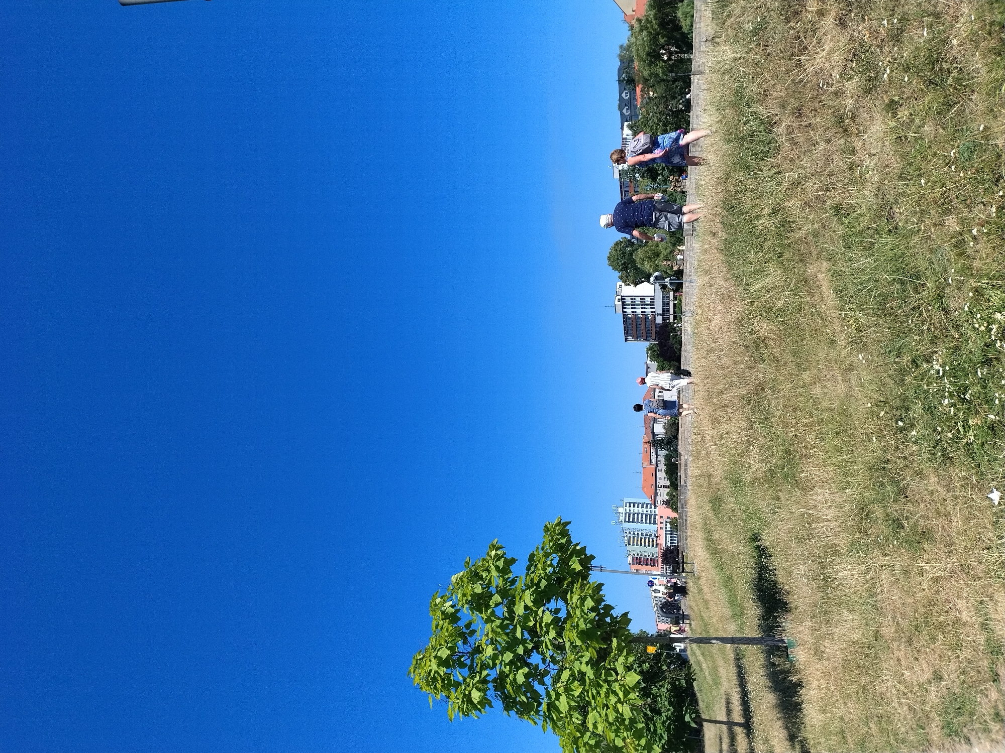 In Písek, Czechia, on a sunny day, a grassy embankment overlooks a street with a row of buildings. A tall, leafy green tree stands on the left side of the frame. In the middle ground, several people are walking along a paved area. Two individuals are more prominent: a man in a blue patterned shirt and shorts, wearing a white cap, and a woman in a blue patterned dress with a backpack. The sky is a clear, vibrant blue. The dry, yellowed grass suggests a warm season.