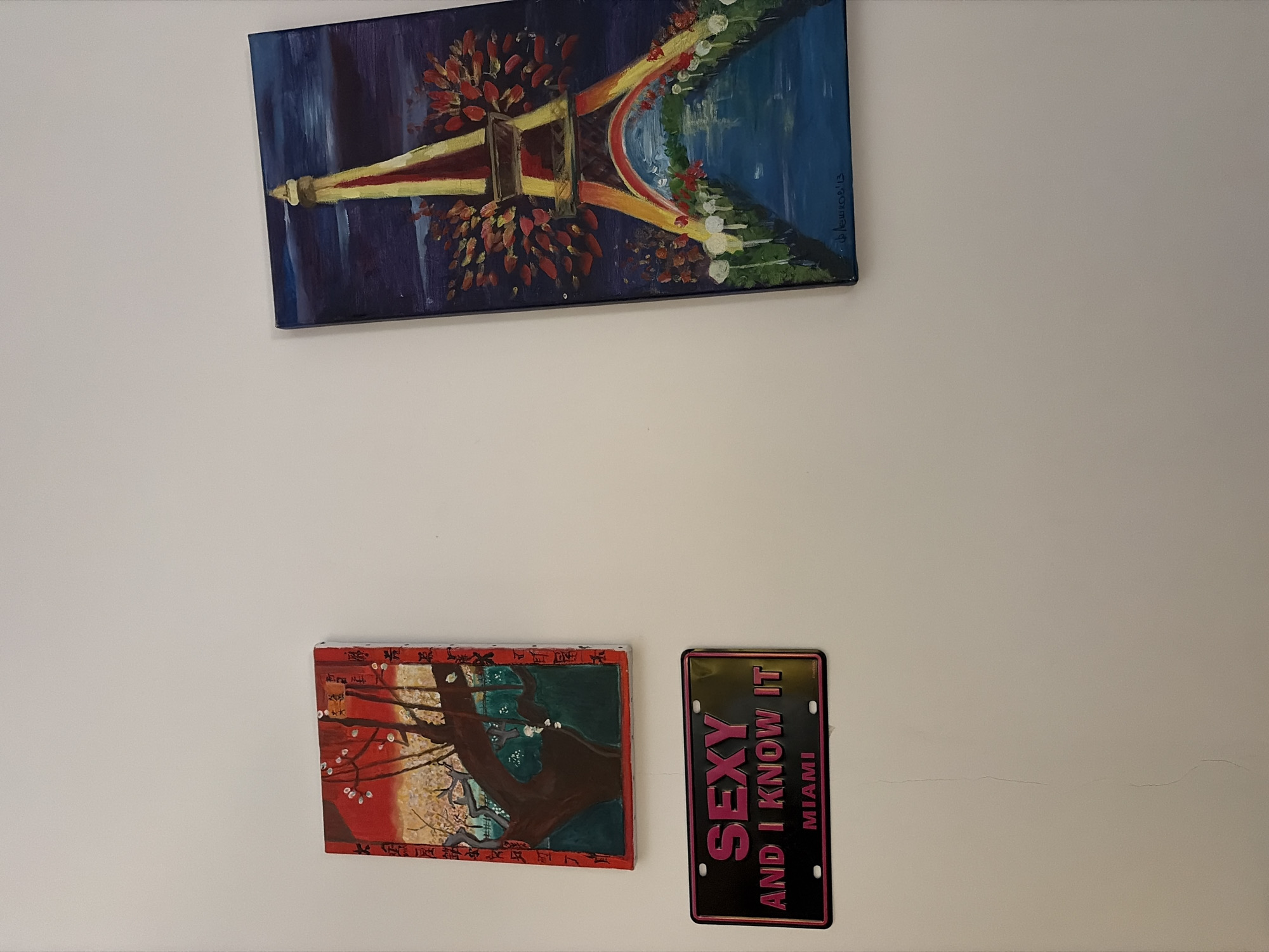 The image shows two paintings and a license plate mounted on a white wall. On the left, a rectangular painting with a red background depicts a dark tree with white flowers and some Asian calligraphy. Below it is a black license plate with pink text that reads "SEXY AND I KNOW IT MIAMI". To the right, a vertical rectangular painting shows a vibrant depiction of the Eiffel Tower illuminated at night, with fireworks and a reflective blue body of water in the foreground. The overall scene appears to be an interior wall, likely in a residential or commercial space.