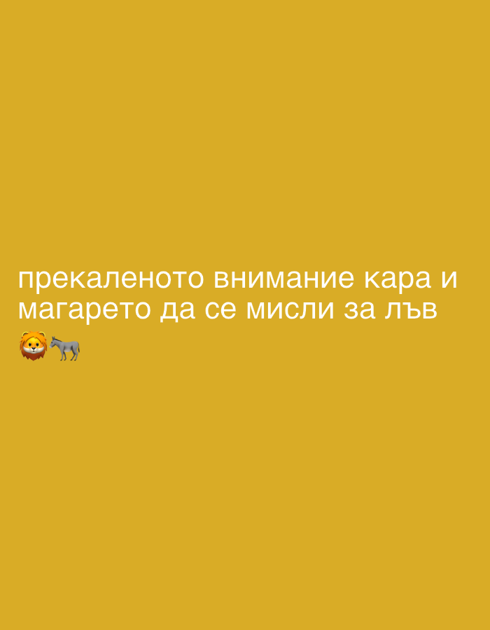 The image is a screenshot of a social media post with a plain yellow background. White text, written in Cyrillic, is centered on the upper half of the image and reads: "прекаленото внимание кара и магарето да се мисли за лъв". Below the text, on the left side, are two emojis: a lion's head and a donkey. The text translates from Bulgarian to English as: "too much attention makes the donkey think it's a lion." There is no identifiable location in the city of Perushtitsa, Bulgaria, or any other environmental context visible in the image.