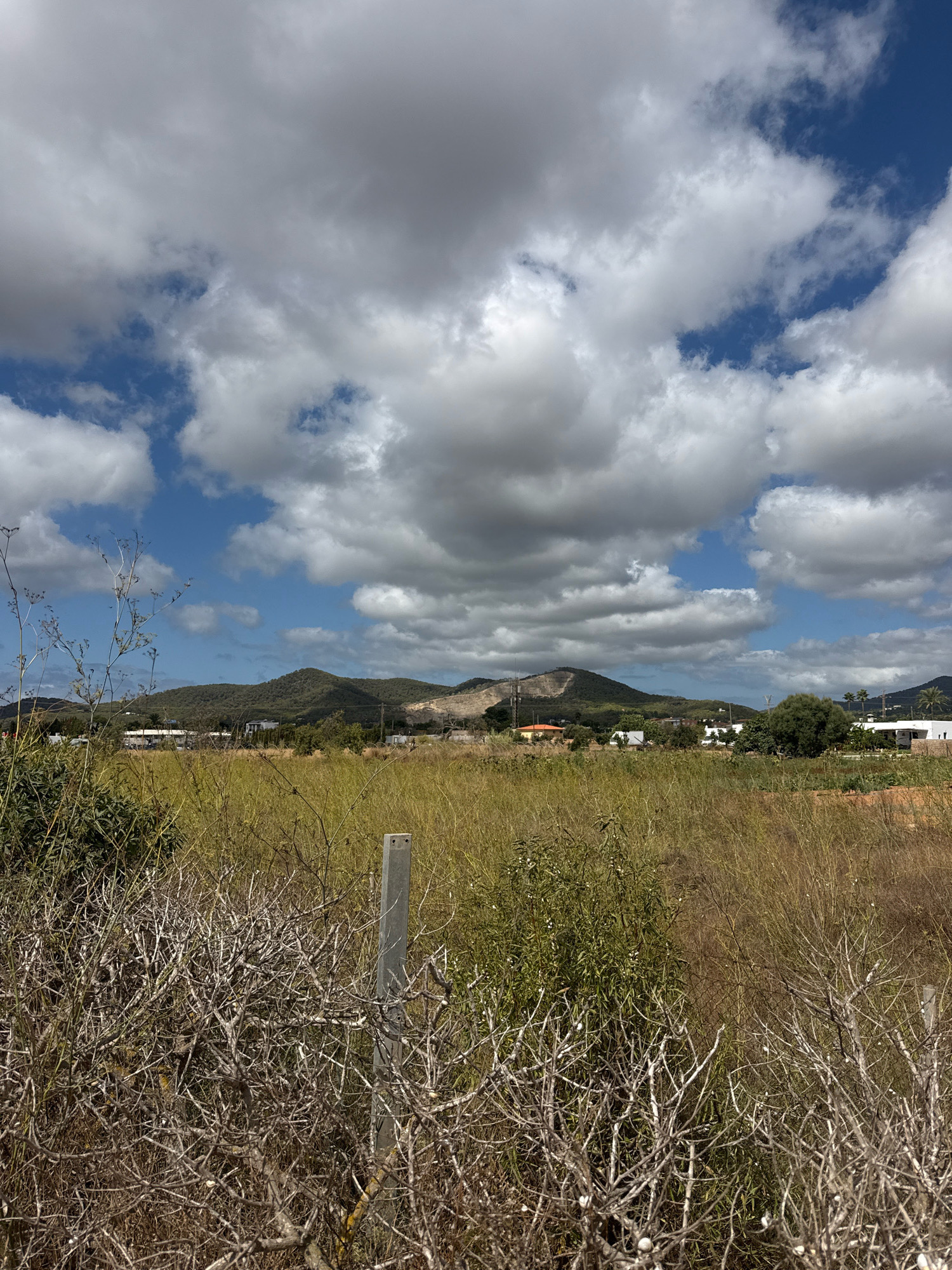 The image depicts a landscape scene with a focus on vegetation and distant hills under a cloudy sky. In the foreground, there are dry, thorny bushes and tall, dry grasses. A concrete post is visible in the foreground, part of a fence line. In the mid-ground, there is a stretch of dry grass and further back, a line of trees and buildings. The background features rolling, green hills, with some evidence of construction or excavation on one of the hillsides. The sky is partly cloudy, with a mix of bright white and dark grey clouds, interspersed with patches of blue sky. The overall impression is of a rural or semi-rural area. The location is identified as Sant Josep de sa Talaia, Spain, which is a municipality on the island of Ibiza, known for its diverse landscapes including hills and coastline.