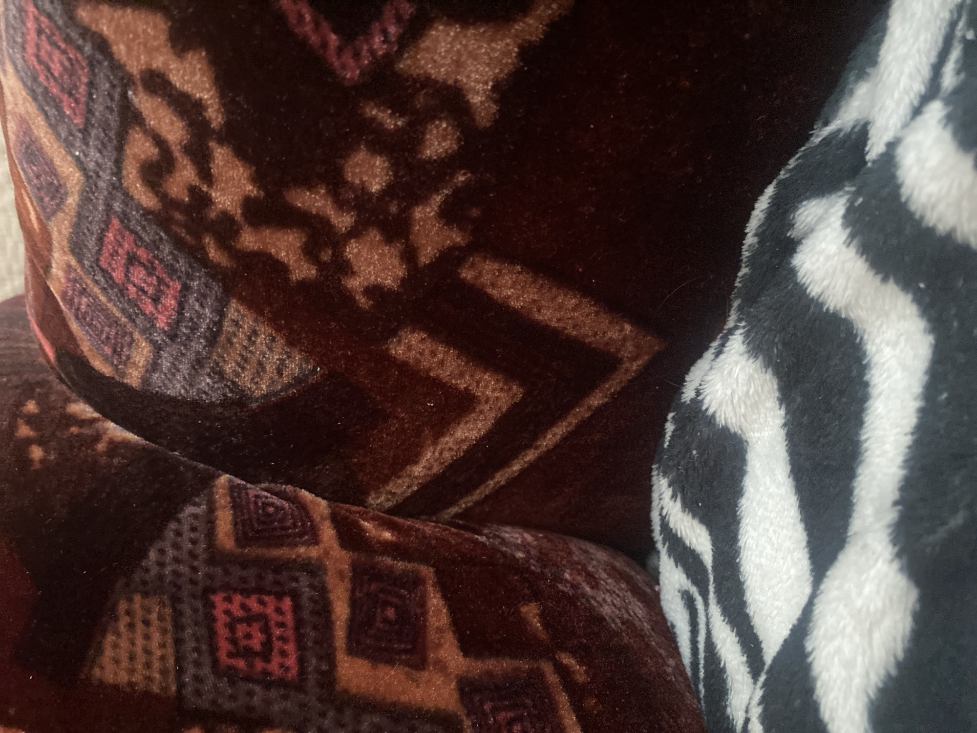 This media file is a close-up, low-angle shot of two textured surfaces, likely fabrics, placed next to each other. The primary subject is the patterned fabric on the left, which appears to be a deep brown velvet with an intricate geometric design in shades of red, maroon, and lighter brown. The pattern features repeating diamond shapes and angular lines. The texture of this fabric seems plush and possibly aged, with some areas appearing slightly matted or worn.
To the right of the patterned fabric is a contrasting material with a bold black and white striped pattern, resembling zebra print or a similar bold design. This fabric is fluffy and soft in appearance, with the individual fibers of the plush material being visible. The transition between the two fabrics is gradual, with the striped fabric overlapping the patterned fabric in the lower right portion of the image.
The lighting in the image is somewhat dim, suggesting an indoor setting, possibly under artificial light or on an overcast day. There are subtle highlights on the velvet fabric, indicating its sheen. No people, specific objects, or clear environmental cues are visible beyond the textures themselves. The image focuses exclusively on the textures and patterns of these two adjacent materials. There is no visible text. The location context of Afanasievo, Russia, does not provide any further visual information relevant to the content of this image.