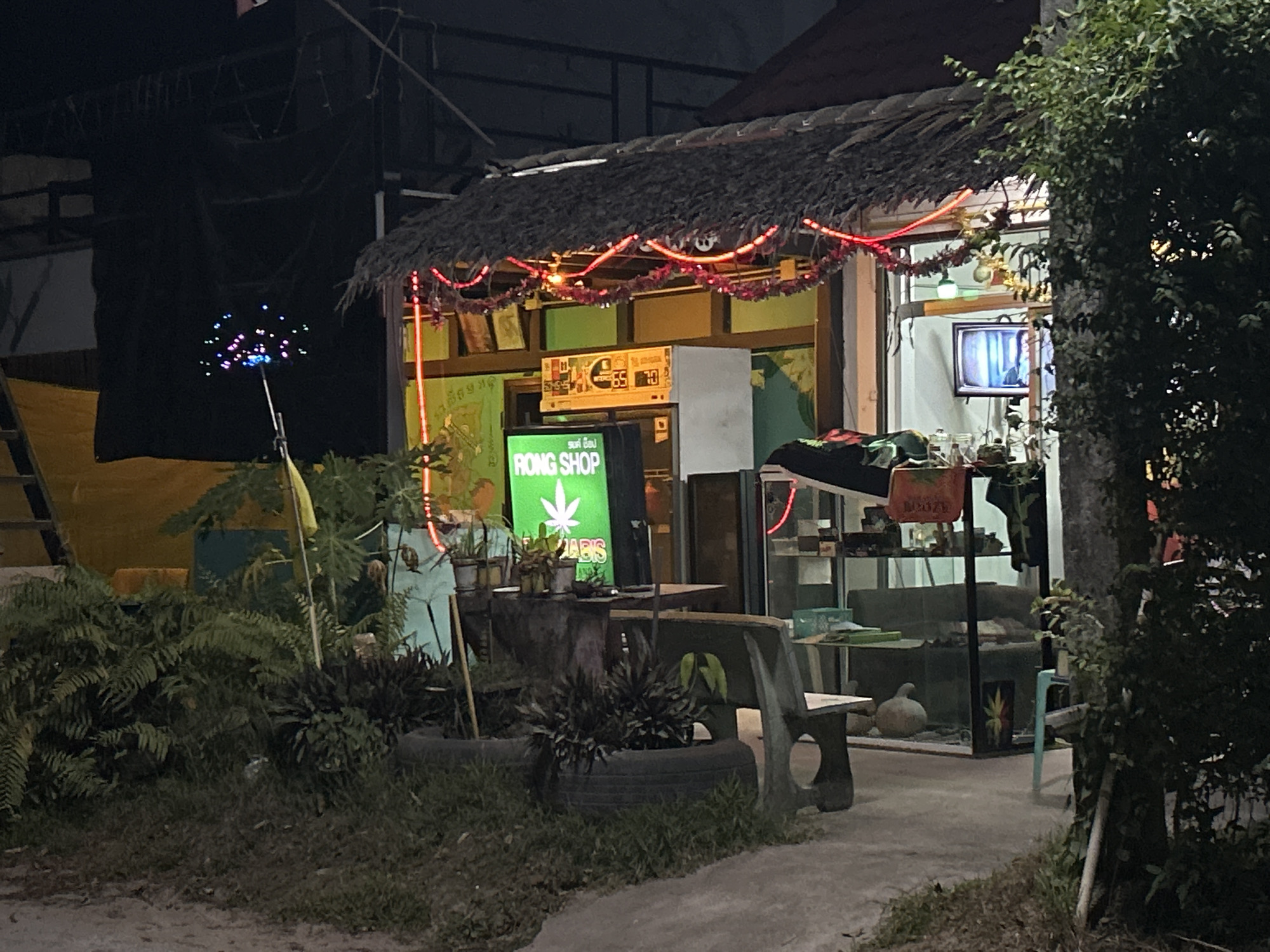 The image depicts a "RONG SHOP" located in ตำบลเกาะพะงัน, Thailand. The shopfront has a thatched roof adorned with red string lights. A green sign with a marijuana leaf is visible. The interior of the shop contains shelves displaying various items. Outside, there is a bench made of concrete and tires. A lamp with multicolored lights stands near the shop. Vegetation including plants and grasses is present. The scene appears to be at night.