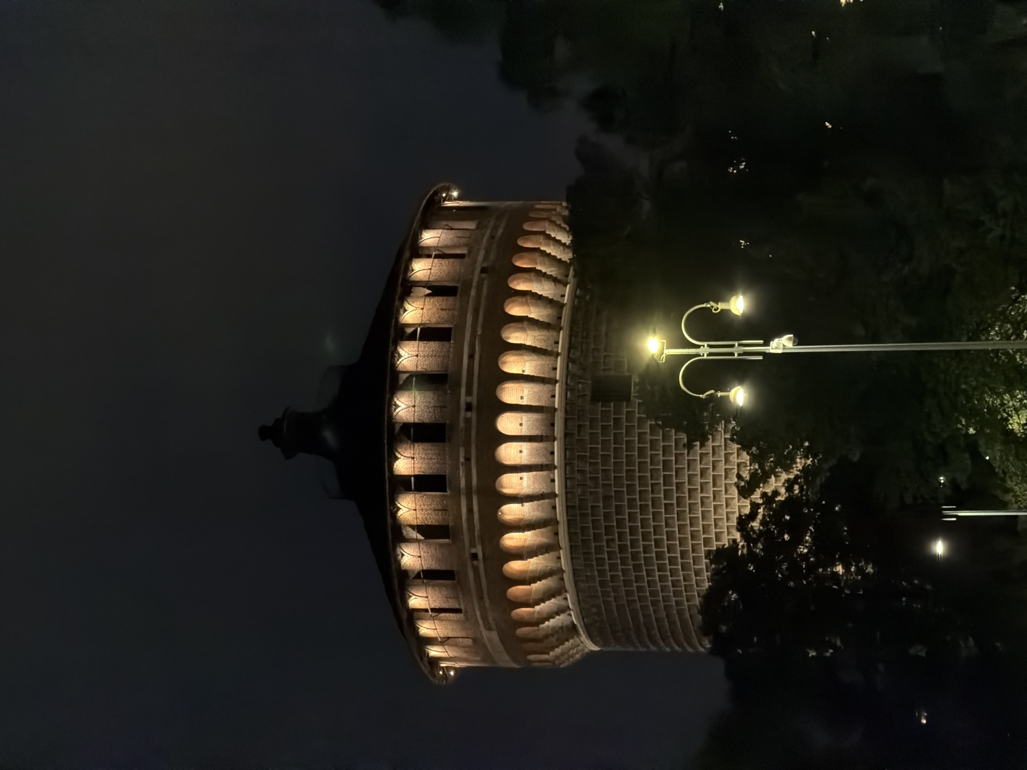 The image displays a large, cylindrical, brick architectural structure, resembling a tower or bastion, illuminated at night. The photograph is oriented vertically, but the main subject appears rotated 90 degrees clockwise, giving the impression of the structure lying on its side.
When viewed upright, the imposing, circular building occupies the left side of the frame. Its upper section features intricate brickwork with a series of regularly spaced, recessed arches or crenellations, each individually lit from below, casting a warm, golden glow across the textured surface. The rest of the structure is constructed from uniform brickwork.
To the right of the architectural piece, a tall, decorative streetlamp with three glowing bulbs emits bright, warm light, cutting through the darkness of the night. Dark trees and foliage are visible around the base of the structure and behind the streetlamp, with some areas faintly illuminated by the artificial light. The sky is dark, indicating a nighttime setting. In the foreground, reflections of the lights shimmer on what appears to be a still body of water or a very wet surface. There are no people visible, nor any discernible text. The scene evokes a tranquil night, highlighting the grandeur of the lit edifice, characteristic of a historical or significant landmark in Milan, Italy.