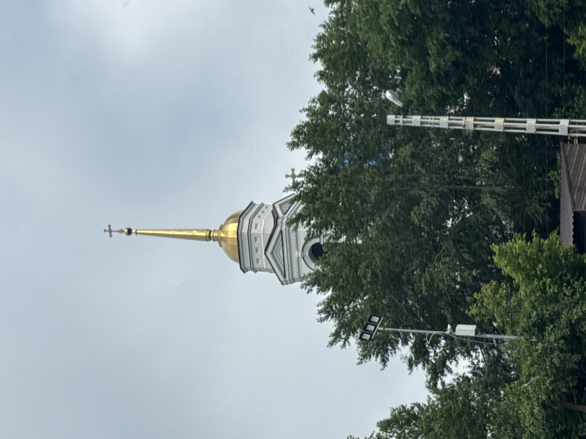 This image depicts the upper portion of the Church on the Blood complex in Yekaterinburg, Russia, featuring its distinctive bell tower and golden spire under an overcast sky.
The central subject is a multi-tiered white bell tower, characteristic of classical architecture, topped by a prominent golden onion dome. Emerging from the dome is a slender, sharply tapering golden spire, culminating in a small golden sphere surmounted by an Orthodox cross. A rounded arched window is visible on the right side of the white bell tower. To the left of the main bell tower, a smaller, darker Orthodox cross is partially visible through dense green foliage, indicating another section of the church or an adjacent structure.
Dense green deciduous trees occupy the lower and middle sections of the frame, partially obscuring the church's base and other elements. Above the trees on the left, a tall metal utility pole supports three rectangular floodlights, with an attached rectangular control box and visible wiring. On the right, another tall, segmented metal pole with a grid-like design is visible through the trees, supporting a single, curved street lamp. A light-colored bird is perched on this street lamp. In the upper right quadrant, a dark bird is in flight against the light gray, cloudy sky. The dark, sloped roof of a low-lying building is minimally visible at the bottom center-right, beneath the trees. The overall lighting is soft and diffused, consistent with an overcast day.