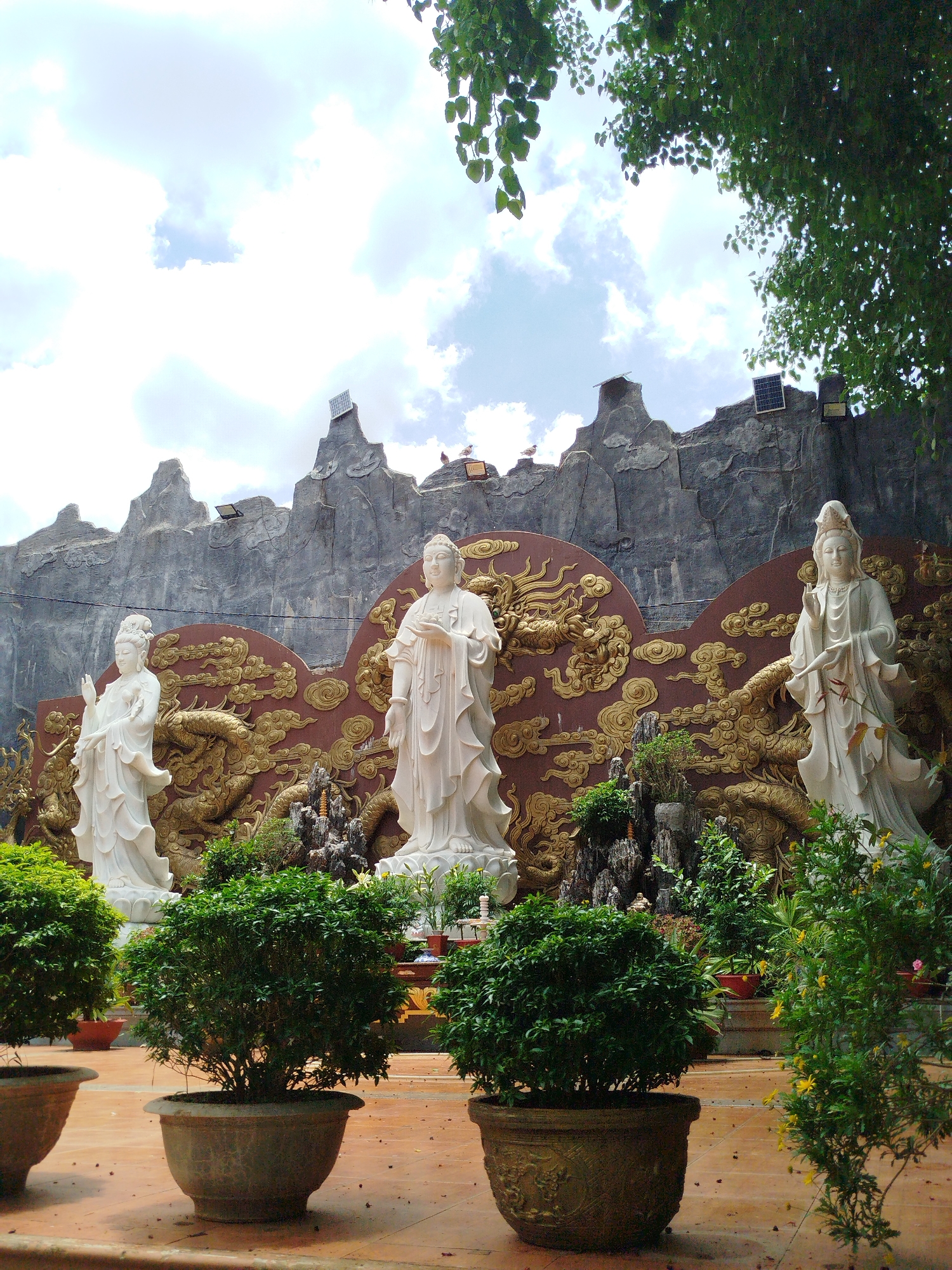 The image depicts a garden scene in Pleiku Ward, Vietnam. In the background is a wall with a rock-like texture, surmounted by a jagged, mountain-like structure. A solar panel is affixed to the peak. A lower section of the wall features an ornate, red-brown panel with gold dragon motifs. In the foreground are three white statues of female figures standing in front of this background. They are arranged with a central statue flanked by two others on either side. In front of the statues, there are several potted plants, including trimmed shrubs and taller plants with yellow flowers. The ground is tiled with a reddish-brown material. The sky is visible overhead, with a mix of clouds and blue patches, and tree branches are seen framing the top corners of the image.