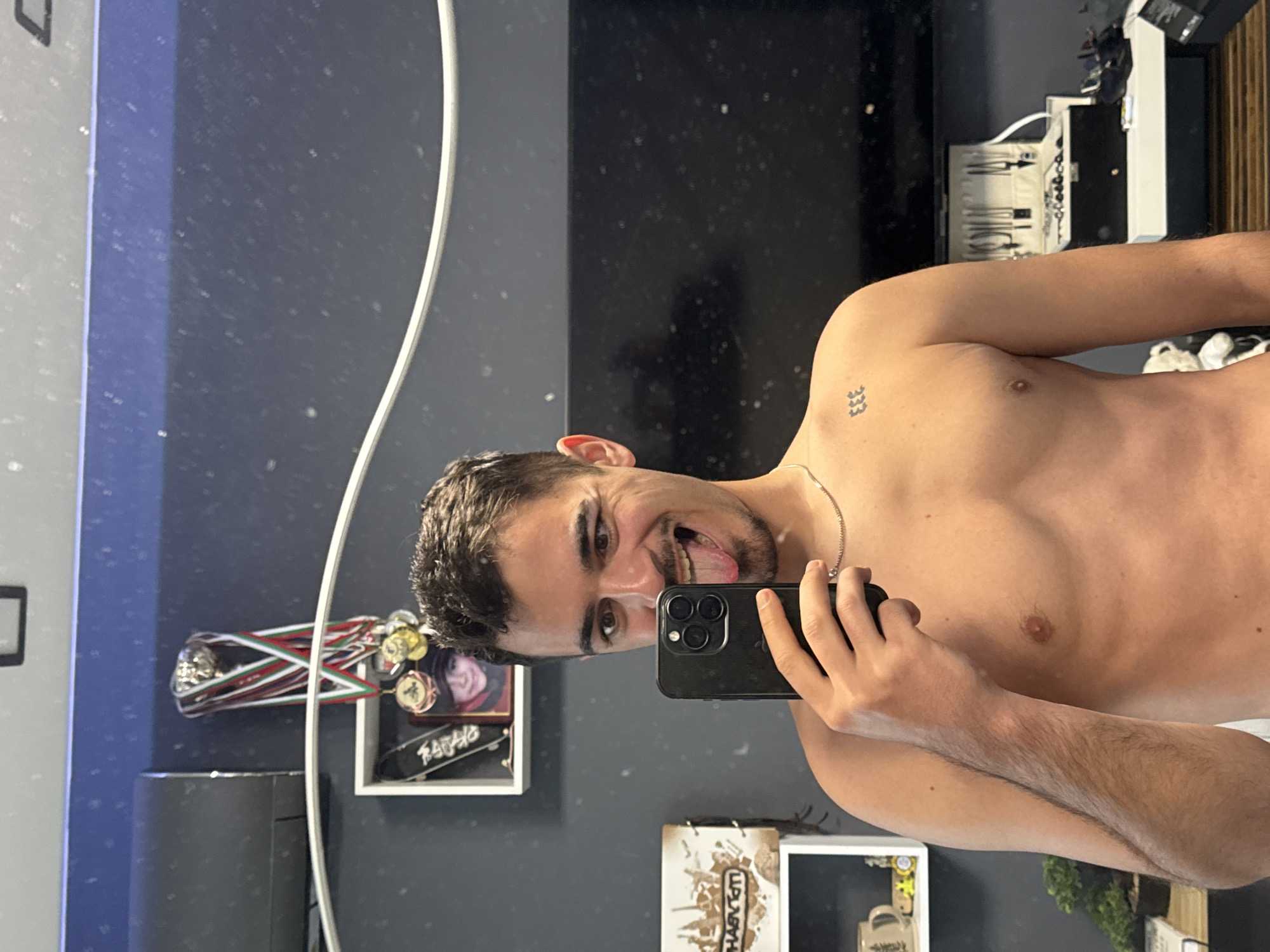 A young man, appearing shirtless, is captured in a mirror selfie, rotated 90 degrees counter-clockwise. He is positioned in the center-right of the frame, looking directly into the camera with a wide, playful smile, his tongue slightly extended. He holds a dark-colored smartphone, likely an iPhone, in his right hand, covering part of his chest. A thin silver chain is visible around his neck. On his left shoulder, there is a small tattoo of the number "333".
The background, reflected in the mirror, reveals an indoor setting in Sofia, Bulgaria. The walls appear dark blue or black, speckled with small, bright dots, possibly dust, water droplets, or light reflections. To the left of the man's head, a collection of medals or ribbons, predominantly red, white, and green, are visible on a shelf or mounted display. Below this, a framed item with a picture and some Asian characters can be seen, alongside a white rectangular shelf. To the far right, partially obscured, is what looks like a white storage unit or jewelry organizer containing various small tools or utensils. Below the man's right arm, another white shelf holds a decorative item with partially visible text that appears to read "MARVEL" and "HABEMVS". A prominent white curved line or tube, possibly part of a lighting fixture or decor, runs vertically through the left side of the reflection. The overall mood conveyed by the man's expression is joyful and expressive.
