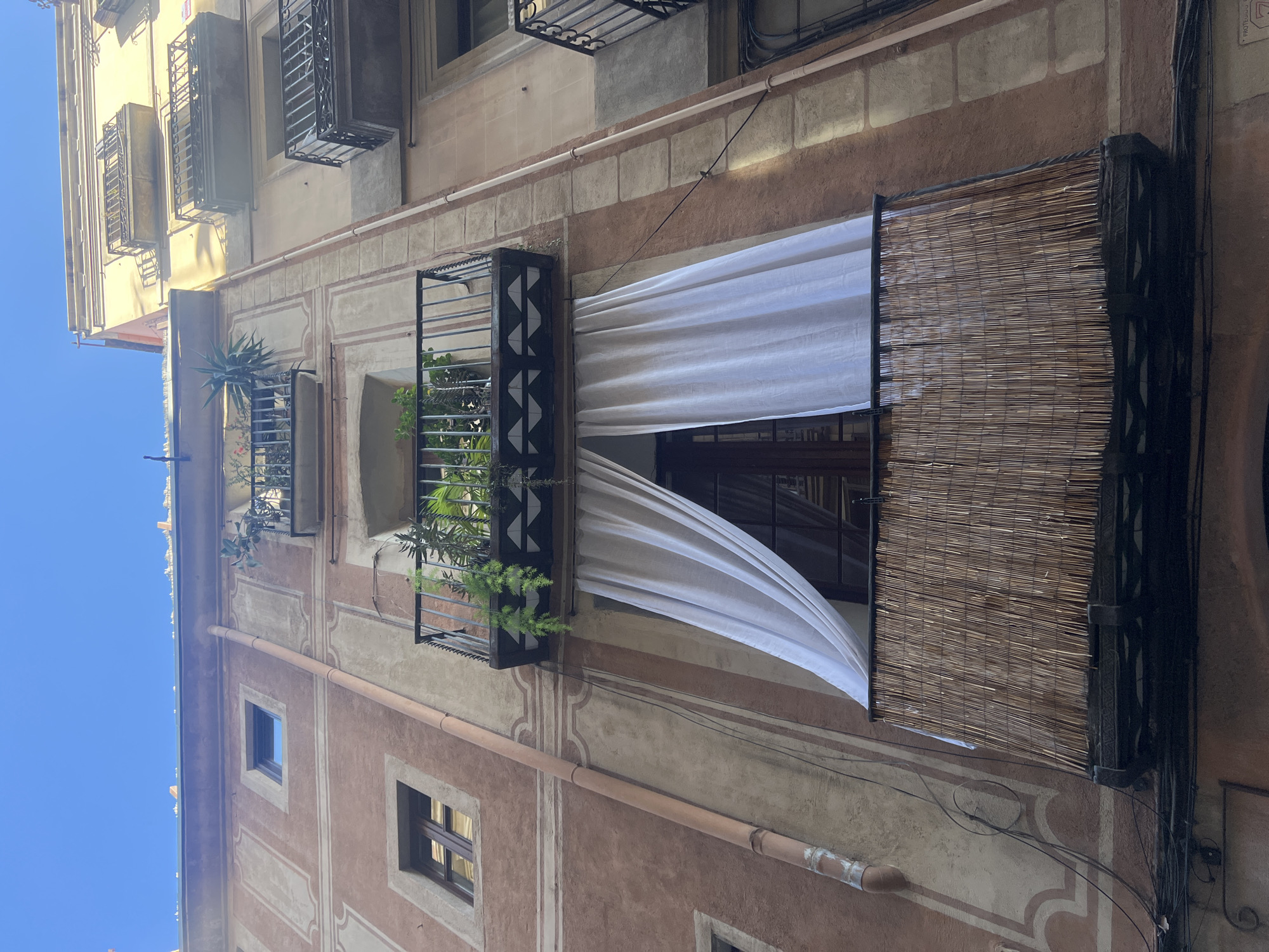 The image captures a low-angle view of two adjacent multi-story building facades under a clear, bright blue sky, indicative of a sunny day in Barcelona, Spain.
The prominent building on the left features a weathered, reddish-brown (terracotta) facade with faded, lighter-colored (beige/off-white) painted architectural details, including rectangular panels and curvilinear patterns. A beige vertical drainpipe runs down the center of this facade, occasionally offset by a lighter, segmented vertical strip. Numerous black electrical wires are visible traversing the facade, particularly near the lower section.
This building presents three visible balconies:
1. **Top Balcony:** A narrow, black wrought-iron balcony adorned with several potted plants, including a spiky succulent-type plant and other green foliage.
2. **Middle Balcony:** A deeper black wrought-iron balcony with an intricate railing design featuring horizontal bars and a decorative frieze of geometric diamond or zigzag patterns below the main railing. This balcony hosts numerous potted plants, some with trailing vines. Behind it, a dark-framed window or door is partially obscured by flowing white sheer curtains, pulled back to the left.
3. **Bottom Balcony:** This balcony's railing is entirely screened by a closely woven barrier of light-brown bamboo or reed sticks. Behind this screen, white sheer curtains are visible through a window or door opening.
To the right, an adjacent building displays a lighter, yellowish-beige facade, also featuring multiple black wrought-iron balconies that appear shallower and less adorned than those on the left building. A narrow vertical strip of lighter material separates the two structures.
The architecture, including the painted facades, wrought-iron balconies, and evident age and wear, is characteristic of older, densely built residential areas within Barcelona, Spain, likely a historic district such as the Gothic Quarter, El Born, or Raval. There are no people visible in the scene.