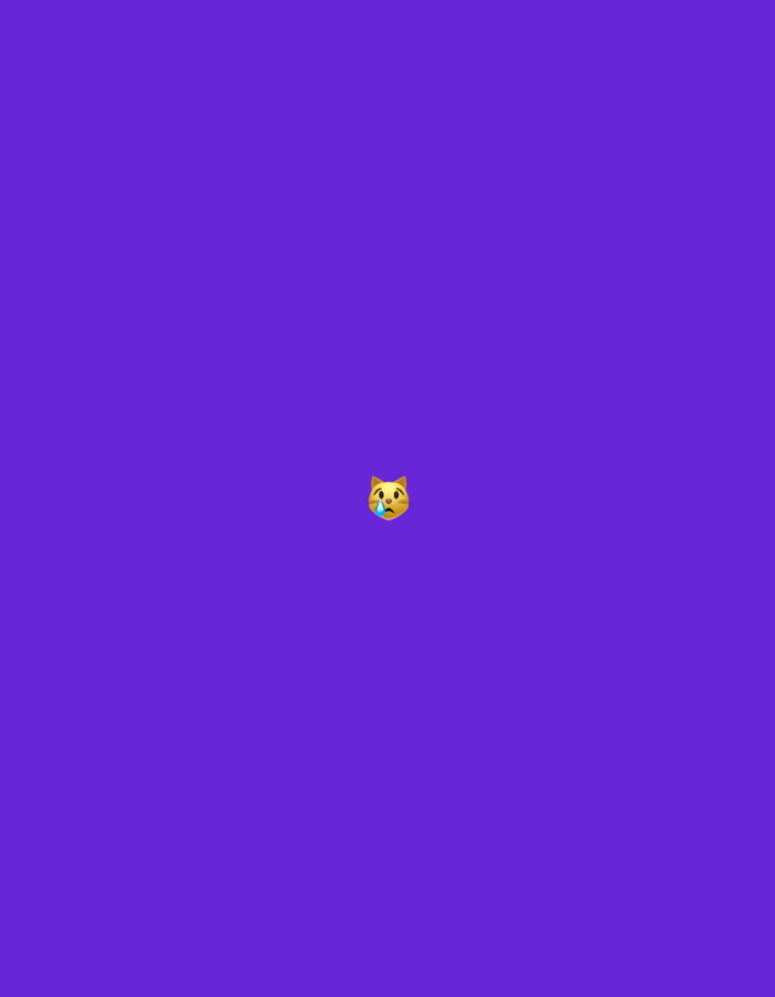 The image displays a uniform, solid background in a deep purple color, occupying the entire frame. Centrally positioned, slightly above the vertical midpoint and slightly to the left of the horizontal midpoint, is a small emoji of a cat's face. The cat emoji is yellow with pointed ears, closed eyes, and a single blue teardrop visible below its left eye, indicating a state of crying or sadness. There are no other subjects, objects, people, or environmental details present in the image. The image provides no visual information to determine its geographical location in Santa Ana, Venezuela, or any other specific place.