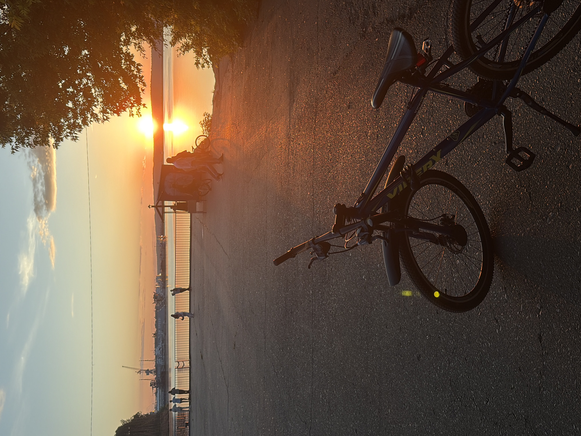 The image depicts a sunset scene at a waterfront location in an unspecified city and region. The low sun on the horizon casts a strong orange-yellow glow across the water, creating a bright reflection, and illuminates portions of the paved foreground and surrounding foliage. Areas not directly exposed to the sun are in deep shadow.
In the immediate foreground, a dark blue mountain bike, likely a "VIPERY" model, is angled on a dark asphalt path. It is equipped with front and rear mudguards and features a circular yellow reflector on its front wheel. The paved surface exhibits cracks and sparkling reflections from the sun in the mid-distance.
In the midground, a metal fence separates the paved path from the water. To the left, a group of five people stand by this fence, looking towards the water, with two additional individuals further along the fence. On the right side of the path, two people walk away from the viewer, accompanied by bicycles, while another small group is gathered near a structure resembling a kiosk or shelter. All people appear as silhouettes against the bright sunset.
The background is dominated by a wide body of water reflecting the intense sunset. A distant landmass is visible on the horizon. To the left, a forested bank rises, and in the far distance along the water, industrial structures including cranes and several ships are discernible, with one ship bearing the name "SPEEDI". The sky transitions from a vibrant orange-yellow at the horizon to a lighter blue with sparse clouds higher up. A large tree on the right side of the frame, its leaves illuminated by the golden light, partially frames the scene.