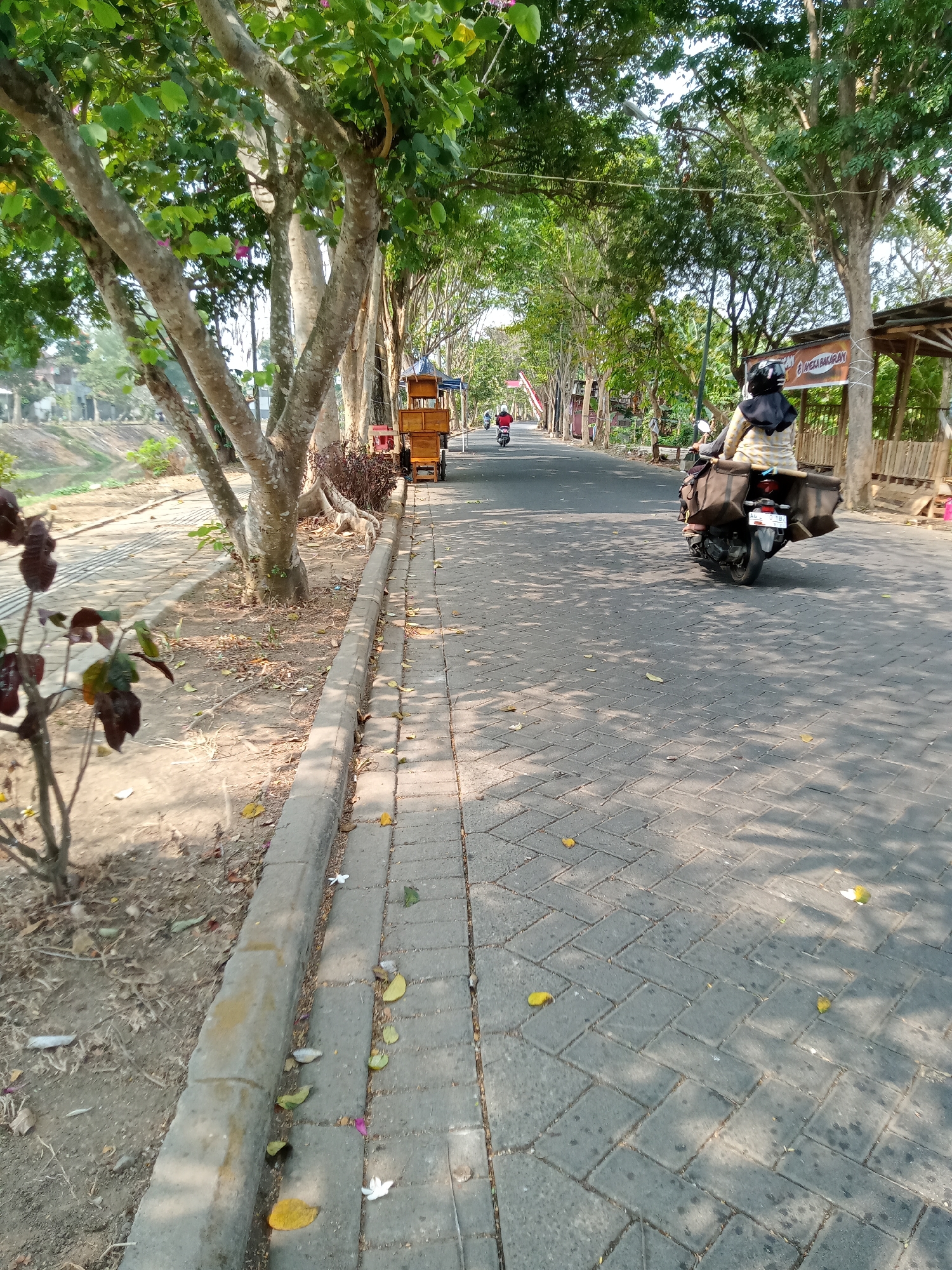 The image depicts a street scene in Tulungagung, Indonesia, characterized by a paved road lined with trees and a sidewalk. On the right side of the road, a person is riding a motorcycle, wearing a headscarf and a yellow and white patterned shirt. The motorcycle is equipped with large brown bags on the rear. Further down the road, another motorcycle with a rider in red is visible. On the left side of the road, there is a dirt area with some vegetation and a shallow ditch or canal. A wooden cart with a blue canopy is parked near the sidewalk. The road is paved with interlocking bricks, and fallen leaves are scattered on the pavement and sidewalk, indicating an outdoor environment with foliage. The lighting suggests it is daytime, with sunlight casting shadows from the trees onto the road. A small wooden structure with a thatched roof is also visible on the right side.