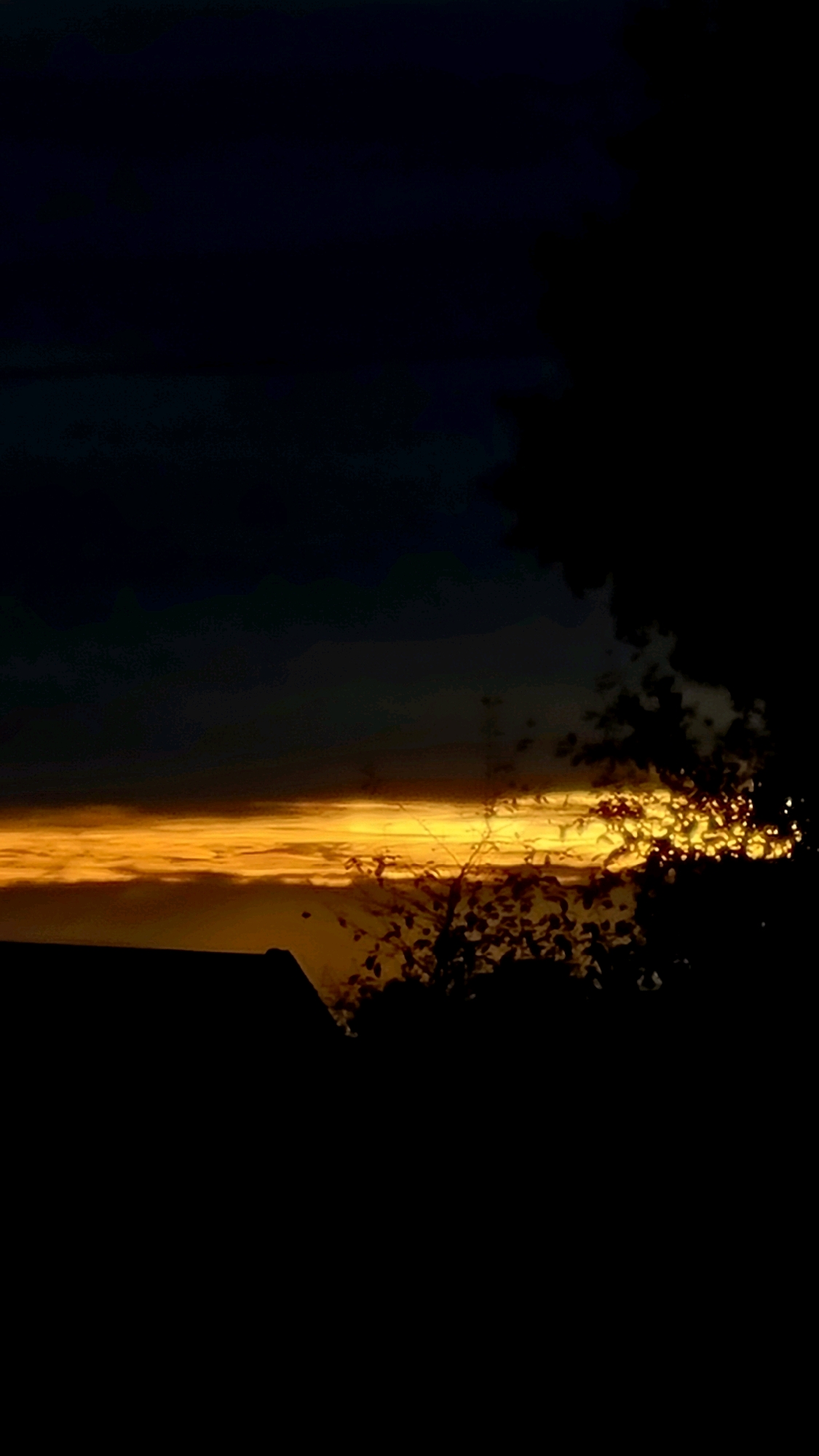 The image depicts a dark, silhouetted landscape at dusk or dawn. A horizontal band of bright orange and yellow light suggests a sunset or sunrise, possibly filtered through clouds. In the foreground, the dark shapes of trees and a building, likely a house, are visible. The sky above is a deep, dark blue or black, with some shadowy cloud formations. The overall impression is one of twilight in a rural or suburban setting, with the last rays of light breaking through the darkness. This scene is set in the city of Vysokoe, Russia.