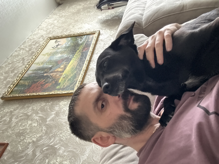 The image depicts an indoor scene in Reftinsky, Russia, featuring an adult male and a black dog. The man, positioned on the left side of the frame, has short dark hair and a well-trimmed dark beard with visible grey streaks. He wears a light purple crew-neck t-shirt, with a thin gold-colored chain visible around his neck. His right hand rests on the dog's midsection. The dog, a medium-sized canine with predominantly black fur and some grey around its muzzle, is situated to the man's right, its head tilted towards his face with eyes partially closed. Both subjects are seated on a light-colored, textured couch. The background features a wall adorned with patterned, light-toned wallpaper showcasing an ornate floral/damask design. Centered on the wall above the subjects is a rectangular, gold-framed landscape painting depicting a log cabin with a smoking chimney amidst a dense forest of evergreen and autumnal deciduous trees, with a body of water in the foreground and two dark bird silhouettes in the sky. A dark, indistinct object is partially visible on the far right of the frame, behind the couch. The scene is evenly lit.