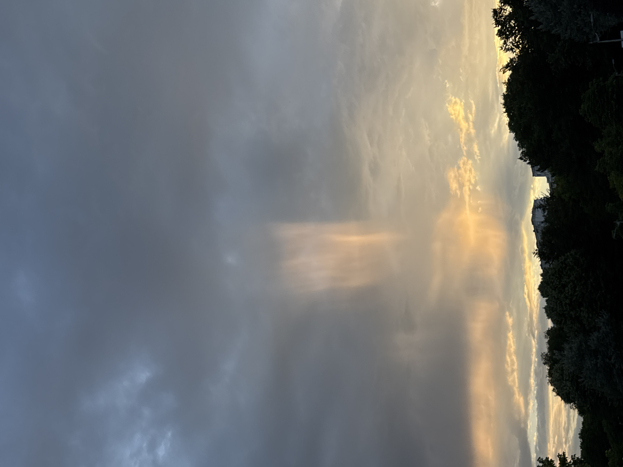 The image depicts a dramatic sky over Dobrich, Bulgaria, with heavy, dark clouds dominating the upper portion of the frame. A distinct shaft of light, appearing as a vertical band of illumination with vertical streaks, pierces through the clouds from above and extends downwards. This light appears to be a crepuscular ray, possibly caused by sunlight filtering through breaks in the clouds or atmospheric particles.
Below the tumultuous sky, the horizon is lined with the dark silhouettes of trees. In the distance, a low-rise building, likely an apartment block, is visible peeking above the treeline. The lower portion of the image is largely dominated by the dark foliage of trees, suggesting a park or forested area within the city. The overall atmosphere is one of impending or passing weather, with a stark contrast between the heavy, dark clouds and the bright, ethereal shaft of light. No people or specific actions are discernible in the image.