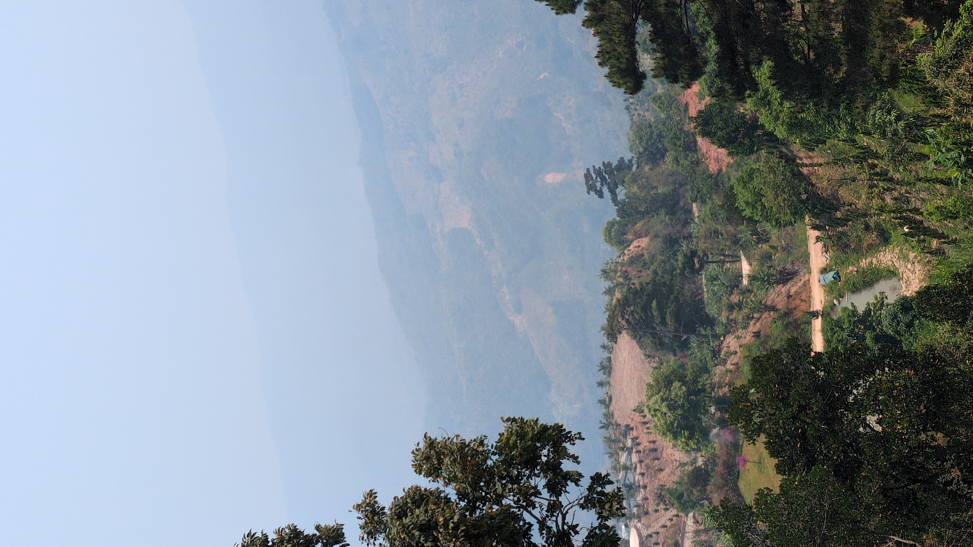 The image shows a landscape in Lâm Sơn, Vietnam. In the background are hazy, distant mountains. In the foreground is a mix of vegetation, including trees. A small pond is visible with a person standing near it, possibly fishing or tending to the water. There are dirt paths winding through the greenery. A terraced, cultivated area is visible leading up to the trees. The sky is light blue and clear.