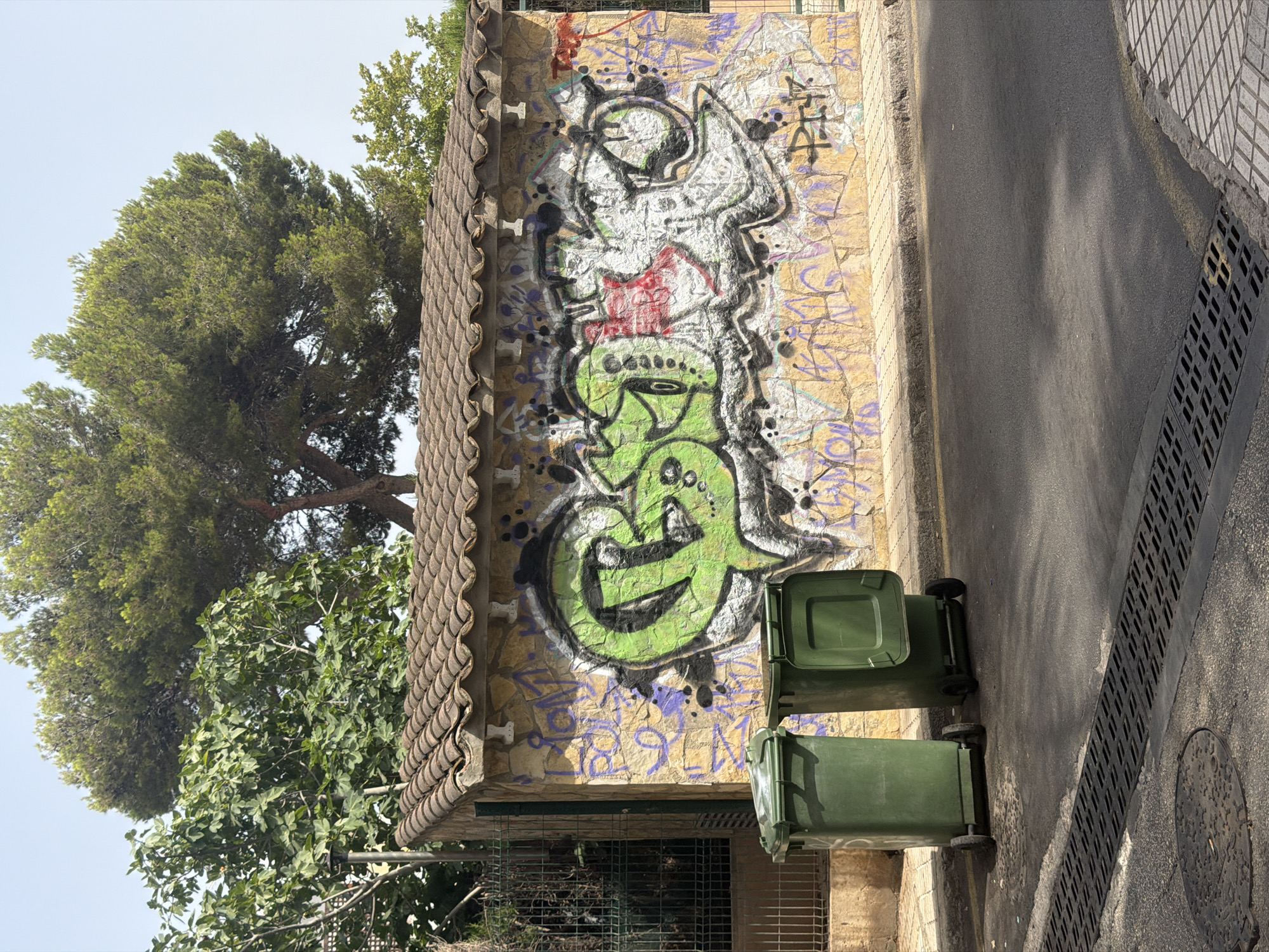 This is a medium shot, eye-level, outdoor photograph taken on a sunny day in Palmanova, Spain. The scene depicts a small, weathered stone building with a tiled roof. The wall of the building is extensively covered in graffiti, featuring large, stylized green lettering, red and white spray paint elements, and smaller purple lettering beneath. Two green plastic trash bins with wheels are positioned in front of the building on a paved sidewalk. Behind the building, the tops of trees are visible, with a large pine tree dominating the upper portion of the frame. A metal fence can be seen to the left of the building. The foreground shows a section of asphalt road with a black metal drainage grate and a circular manhole cover. The image is static, with no people or discernible actions taking place.