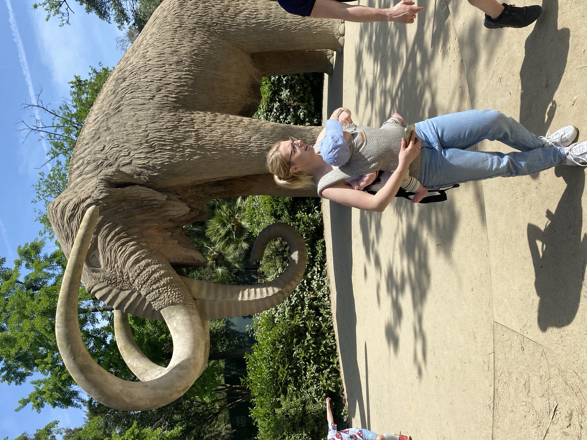 This full-shot outdoor photograph, taken in Barcelona, Spain, depicts a family enjoying a sunny day at what appears to be a park or museum exhibit. The left side of the frame is dominated by a large, intricately textured statue of a woolly mammoth. The mammoth, characterized by its massive body, long, upward-curving tusks, and a prominent trunk, is crafted with detailed surfaces mimicking shaggy fur. It stands amidst lush green trees and bushes, under a clear blue sky featuring some wispy clouds and a distinct contrail.
In the mid-ground, a woman with blonde hair tied back, wearing glasses, a grey baby carrier, light blue jeans, and white sneakers, stands looking towards the mammoth. She holds a baby, who wears a light blue hat, securely in the front-facing carrier. Her posture and gaze suggest calm observation. To her right, part of another adult is visible, with an arm and hand extended, pointing towards the mammoth or an unseen point of interest. The ground is a light-colored paved surface, dappled with strong, well-defined shadows from overhead foliage, indicating bright sunlight. A young child, partially visible in the bottom-left corner near the mammoth's tail, wears a red and white patterned shirt and blue shorts. The overall mood of the scene is relaxed and pleasant, indicative of a family outing. No discernible text is visible in the image.