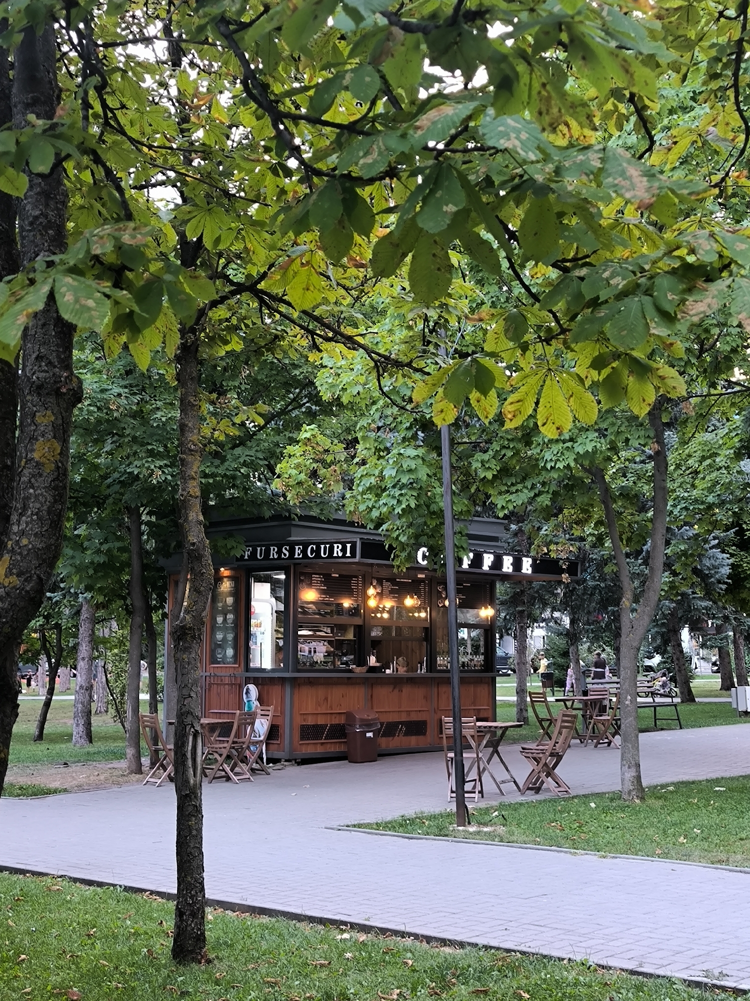 The image depicts an outdoor coffee stand in a park-like setting, likely in Chișinău, Moldova. The coffee stand is constructed of wood and glass, with visible seating arrangements of wooden tables and chairs set up outside. Several trees with green and yellowing leaves are prominent in the foreground and background, suggesting it might be late summer or early autumn. The ground is paved with grey interlocking stones, with a strip of grass on either side. A few people are visible in the background, some seated at tables and others walking through the park. The coffee stand has a sign that reads "FURSECURI COFFEE". The overall scene portrays a tranquil urban outdoor space.