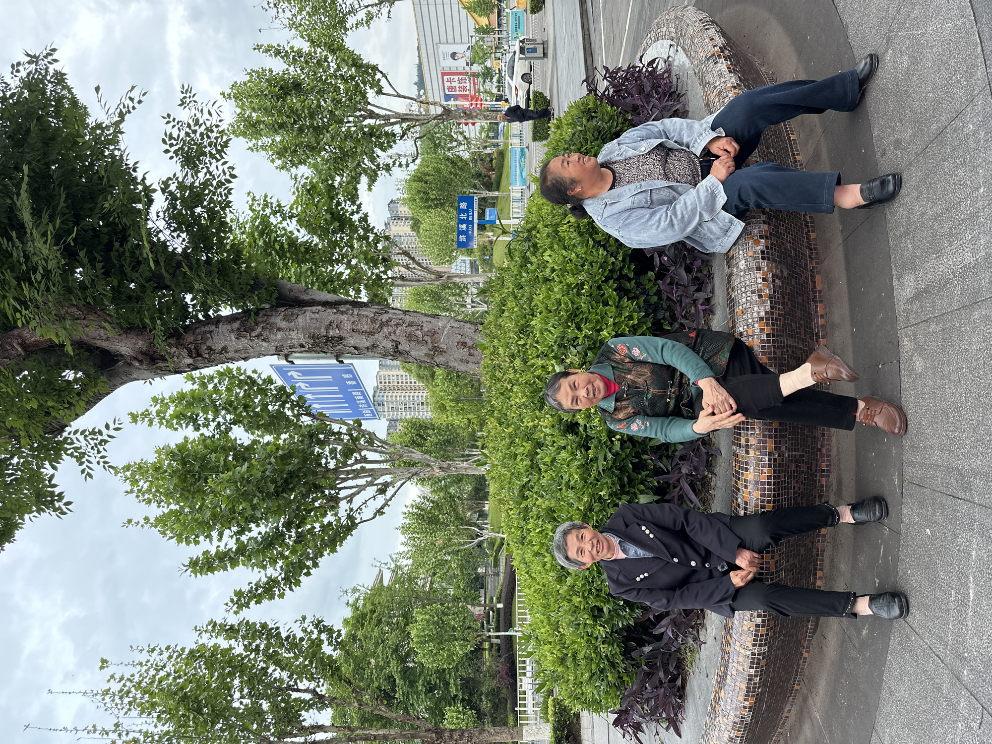 Three elderly women are sitting on a mosaic-tiled bench in a park-like setting. The woman on the left is wearing a dark blazer and pants. The woman in the middle is wearing a green sweater. The woman on the right is wearing a denim jacket and dark pants. All three women are smiling. Behind the bench is a hedge of green bushes interspersed with purple plants. Trees line the periphery of the area, and buildings are visible in the background. A street sign is posted nearby. The image was taken in the city of Jiangjin, China.