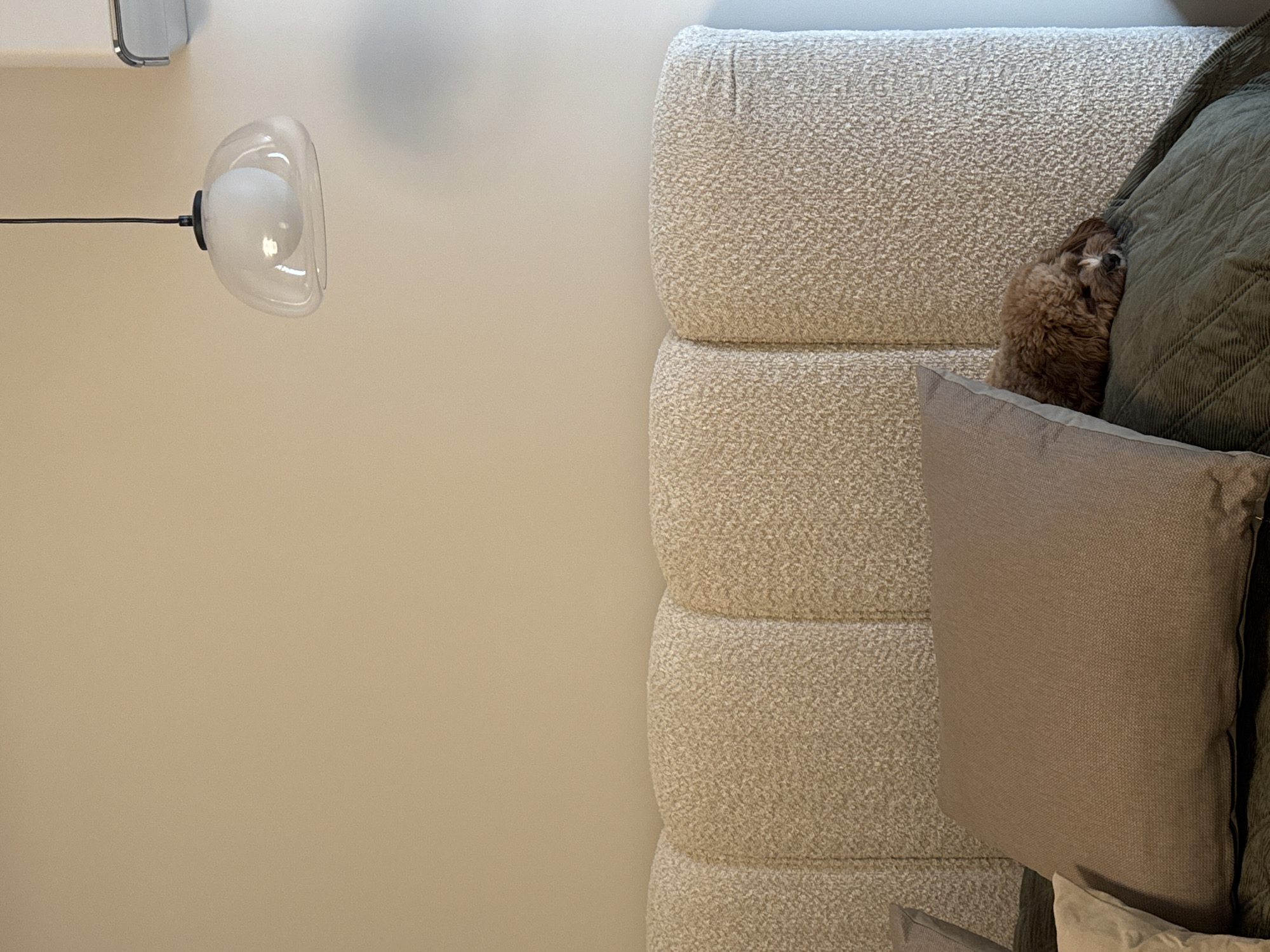The image shows a bedroom setting. On the left, a wall lamp with a transparent, bowl-shaped shade is attached to a beige wall. To the right, a textured, vertically-stacked headboard is visible. Various pillows are arranged on the headboard, including one in a light brown hue. Partially obscured by the pillows is a small, brown dog.