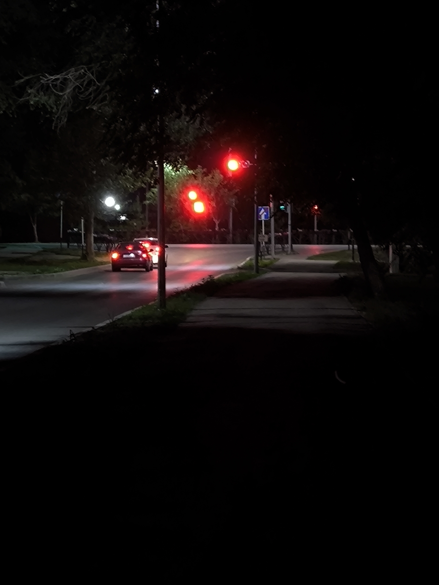 The image depicts a nighttime scene on a street in Kostanay, Kazakhstan. A dark-colored car is stopped at a red traffic light on the left side of the road. Another car, brighter in color, is behind it, also stopped. The traffic light is illuminated with red signals, indicating that vehicles should halt.
A sidewalk runs along the right side of the road, and a street lamp with a bright light is visible in the distance. Trees with dark foliage line the street, and their branches overhang the scene. In the background, there are more street lights and what appear to be traffic signals. The road surface is wet, suggesting it may have recently rained or is damp. The overall atmosphere is dark and quiet, characteristic of a nighttime urban environment. There are no people clearly visible in the image, only the vehicles. No text is discernible.