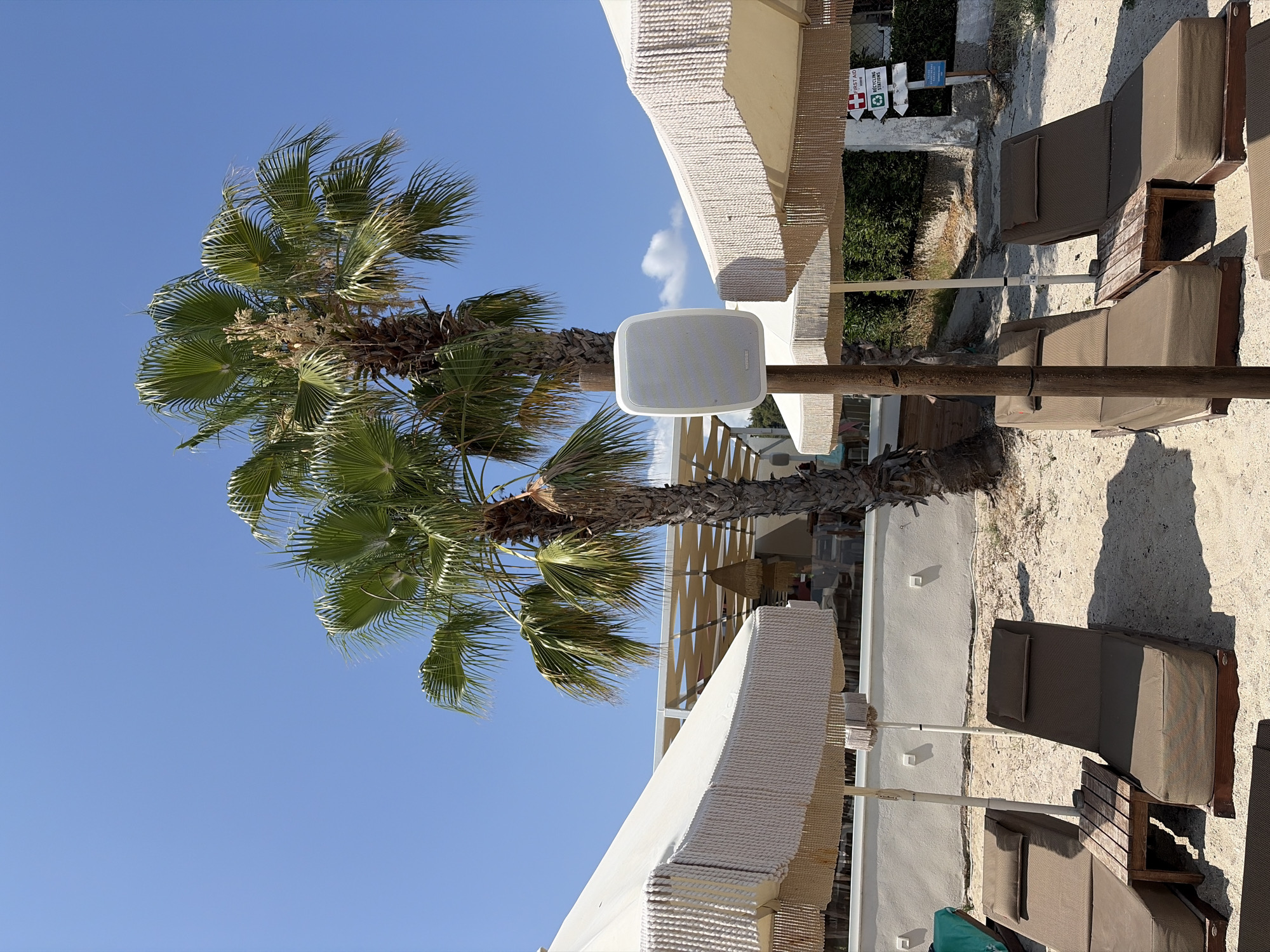 The image depicts a beach scene in Pallini Municipal Unit, Greece, on a bright, clear day. Two palm trees are prominently featured, with one leaning to the right. In the foreground, several brown lounge chairs are arranged on the sand, some with small wooden side tables. White beach umbrellas with decorative fringe are set up over the chairs. A white speaker is mounted on a wooden post in front of the palm trees. In the background, a building with a shaded outdoor seating area and a thatched roof structure is visible. A white wall with light fixtures is behind the lounge chairs. A signpost with directional arrows for "FIRST AID," "RECYCLING STATIONS," and "TOILETS" is situated near the right side of the image. The sand appears light in color, and the overall environment suggests a resort or beach club setting. There are no people visible in the image.