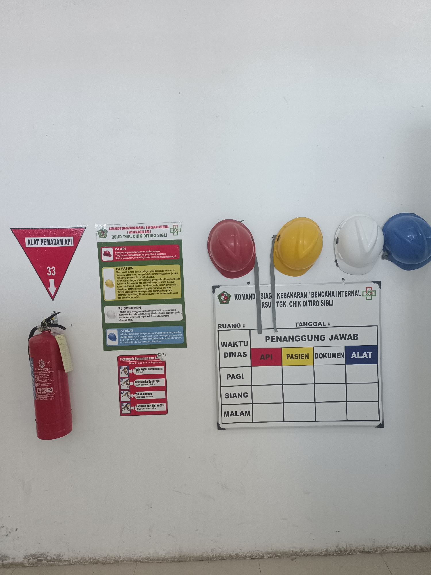 The image displays a wall in what appears to be an emergency preparedness area. On the left, a red fire extinguisher is mounted. Above it, a red triangular sign with a white border contains the text "ALAT PEMADAM API" and the number "33".
To the right of the fire extinguisher, a poster with the heading "KOMANDO SIAGA KEBAKARAN / BENCANA INTERNAL" is affixed to the wall. This poster lists responsibilities for "PJ API", "PJ PASIEN", "PJ DOKUMEN", and "PJ ALAT", each with a brief description. Below this, a smaller poster titled "Petunjuk Penggunaan Alat" (How to use fire extinguisher) provides step-by-step instructions with illustrations.
Further to the right, a white board is mounted, featuring a grid with headings "RUANG :", "TANGGAL :", "PENANGGUNG JAWAB", "WAKTU DINAS", "PAGI", "SIANG", and "MALAM". Under "PENANGGUNG JAWAB", there are columns labeled "API", "PASIEN", "DOKUMEN", and "ALAT".
At the top right of the image, four hard hats are displayed: one red, one yellow, one white, and one blue. The wall is painted a light color, and there is a visible floor line at the bottom of the image. The overall scene suggests a safety and emergency response station within an institution, possibly a hospital or public facility, given the text on the posters. The location is stated to be Mesjid Reuntoh, Indonesia.