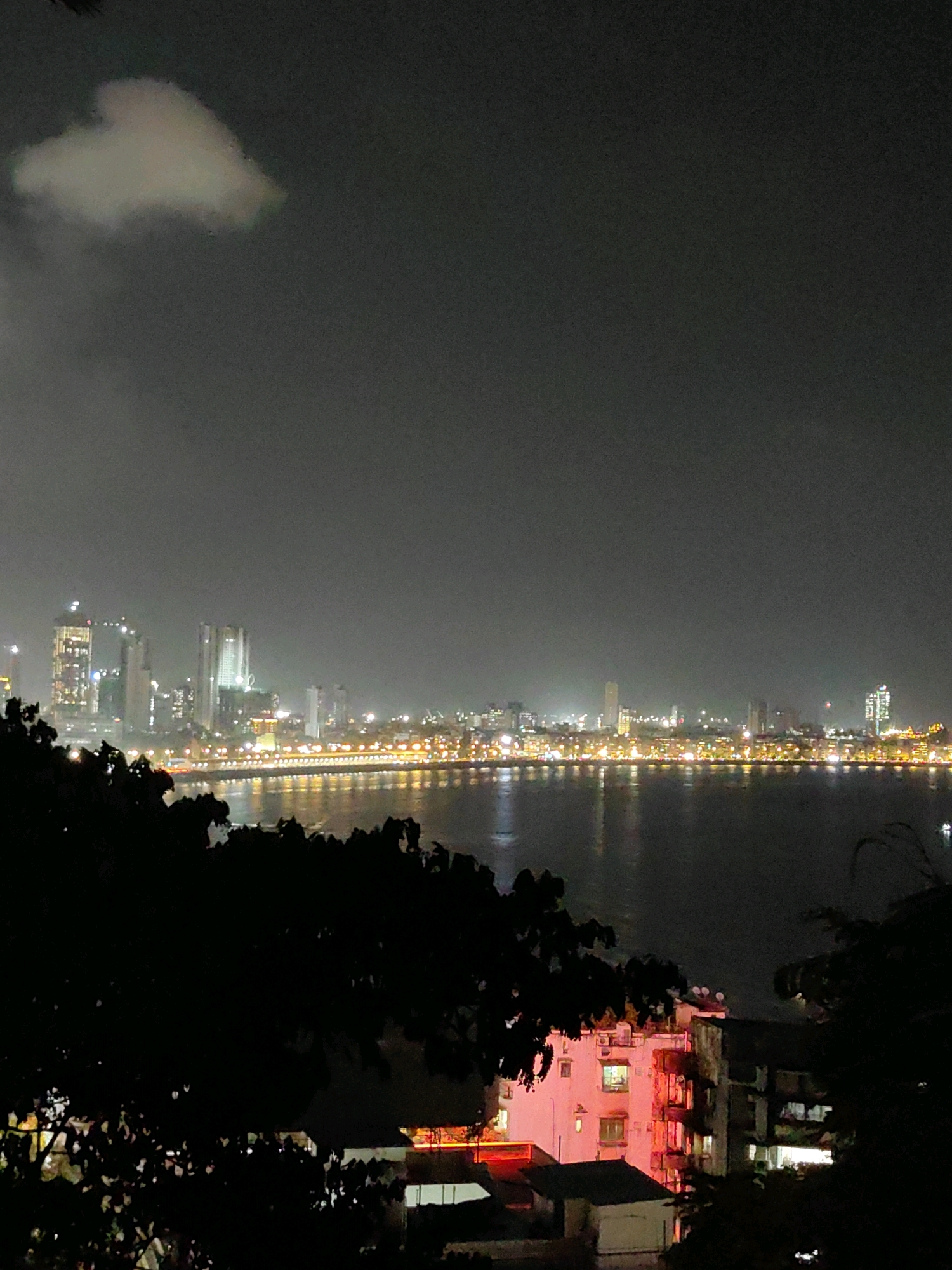 This is a nighttime, elevated shot of the Mumbai skyline viewed across the water. In the foreground, dark silhouettes of trees obscure the lower portion of the image. The middle ground features a body of dark water reflecting the lights of the cityscape. The distant city skyline is illuminated with numerous lights from buildings and streetlamps, creating a vibrant and sprawling urban panorama. A lone, pale cloud is visible in the dark sky towards the upper left of the frame. In the lower right corner, the side of a building is visible, lit with a bright red light, with windows illuminated by interior lights. The scene captures the energetic ambiance of Mumbai at night.