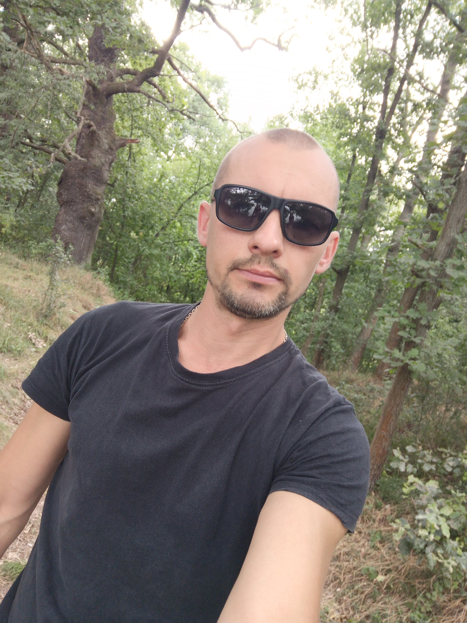 This media file is a selfie taken by a light-skinned man with a shaved head and a goatee. He is wearing dark sunglasses and a black t-shirt, with a silver chain visible around his neck. He is positioned slightly to the left of the frame, with his right shoulder closer to the camera. The background is a natural outdoor scene, featuring a dense forest with a variety of trees, some with thick trunks and others with thinner, more upright growth. Sunlight filters through the canopy, suggesting it is daytime. The ground is covered in dry grass and some low-lying green plants. The overall impression is a casual, outdoor setting, possibly a park or woodland area in Bolesławice, Poland. The man's expression is neutral, and he appears relaxed. There is no visible text in the image.